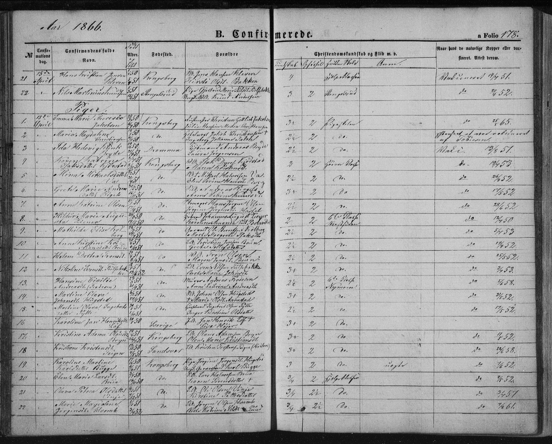 Kongsberg kirkebøker, SAKO/A-22/F/Fa/L0010: Parish register (official) no. I 10, 1859-1875, p. 178