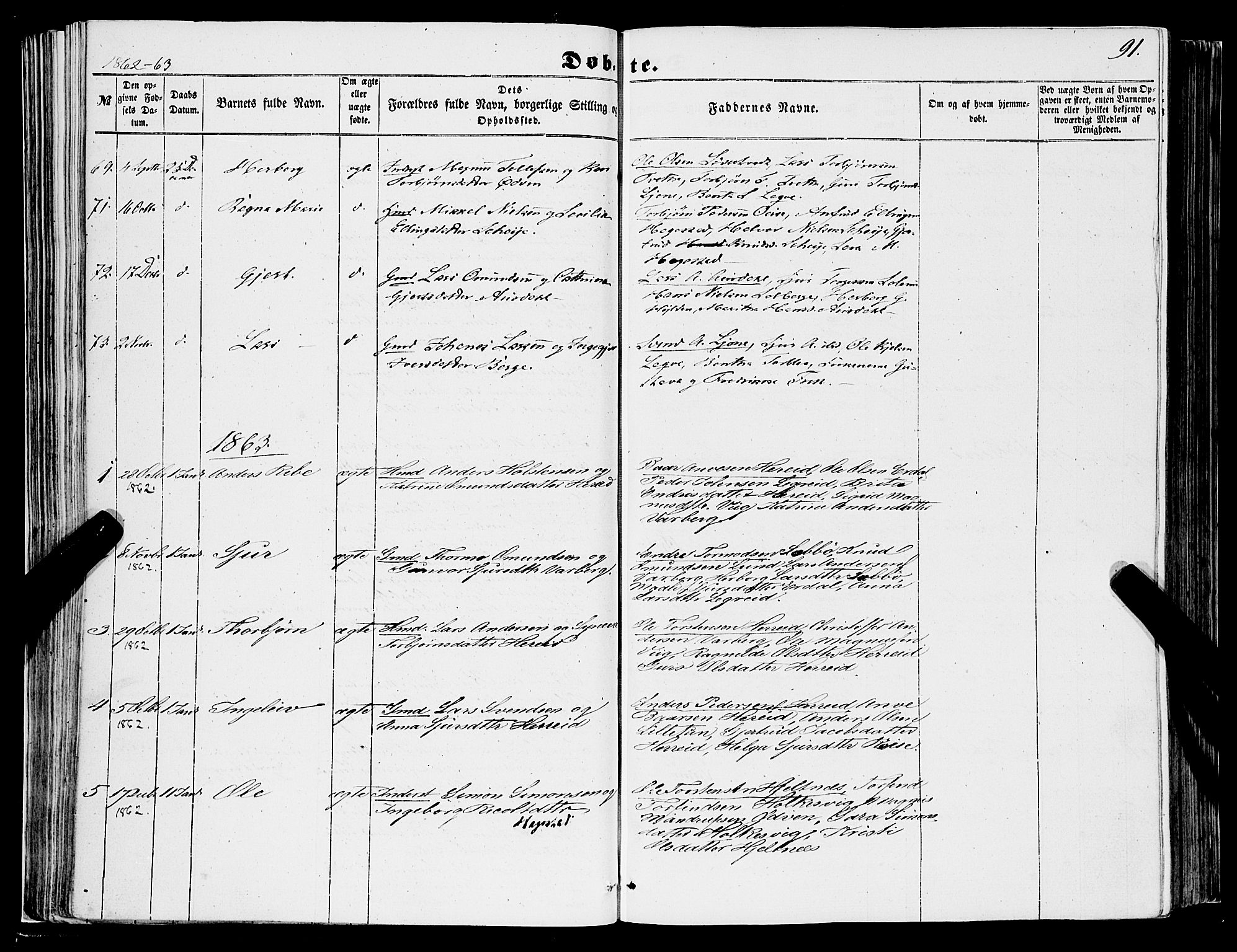 Ulvik sokneprestembete, SAB/A-78801/H/Haa: Parish register (official) no. A 13, 1853-1863, p. 91