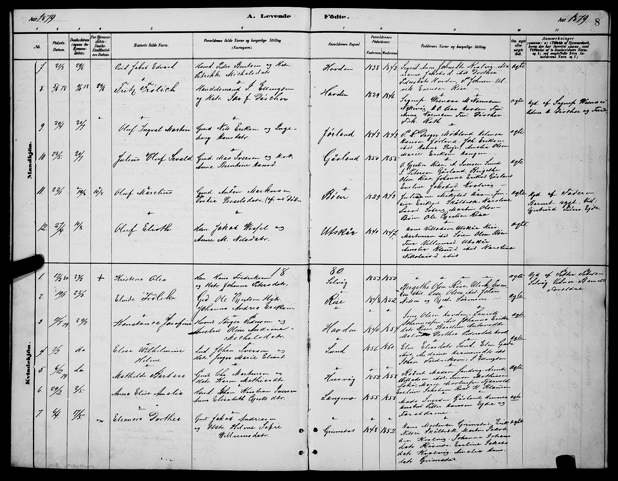 Ministerialprotokoller, klokkerbøker og fødselsregistre - Nordland, AV/SAT-A-1459/892/L1325: Parish register (copy) no. 892C02, 1878-1896, p. 8