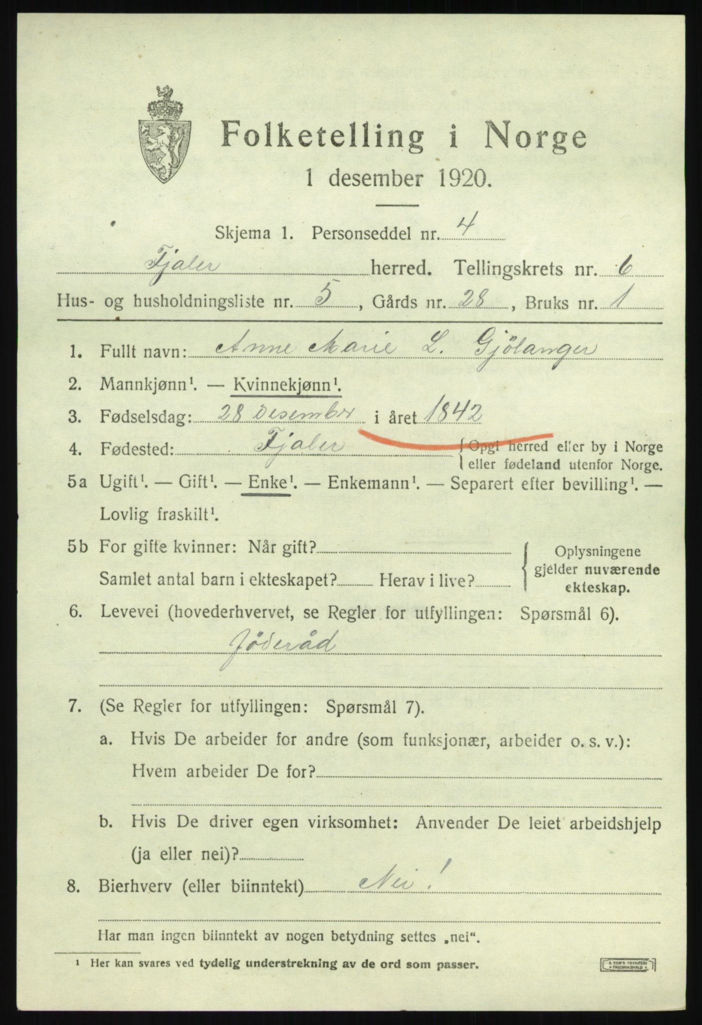 SAB, 1920 census for Fjaler, 1920, p. 3791