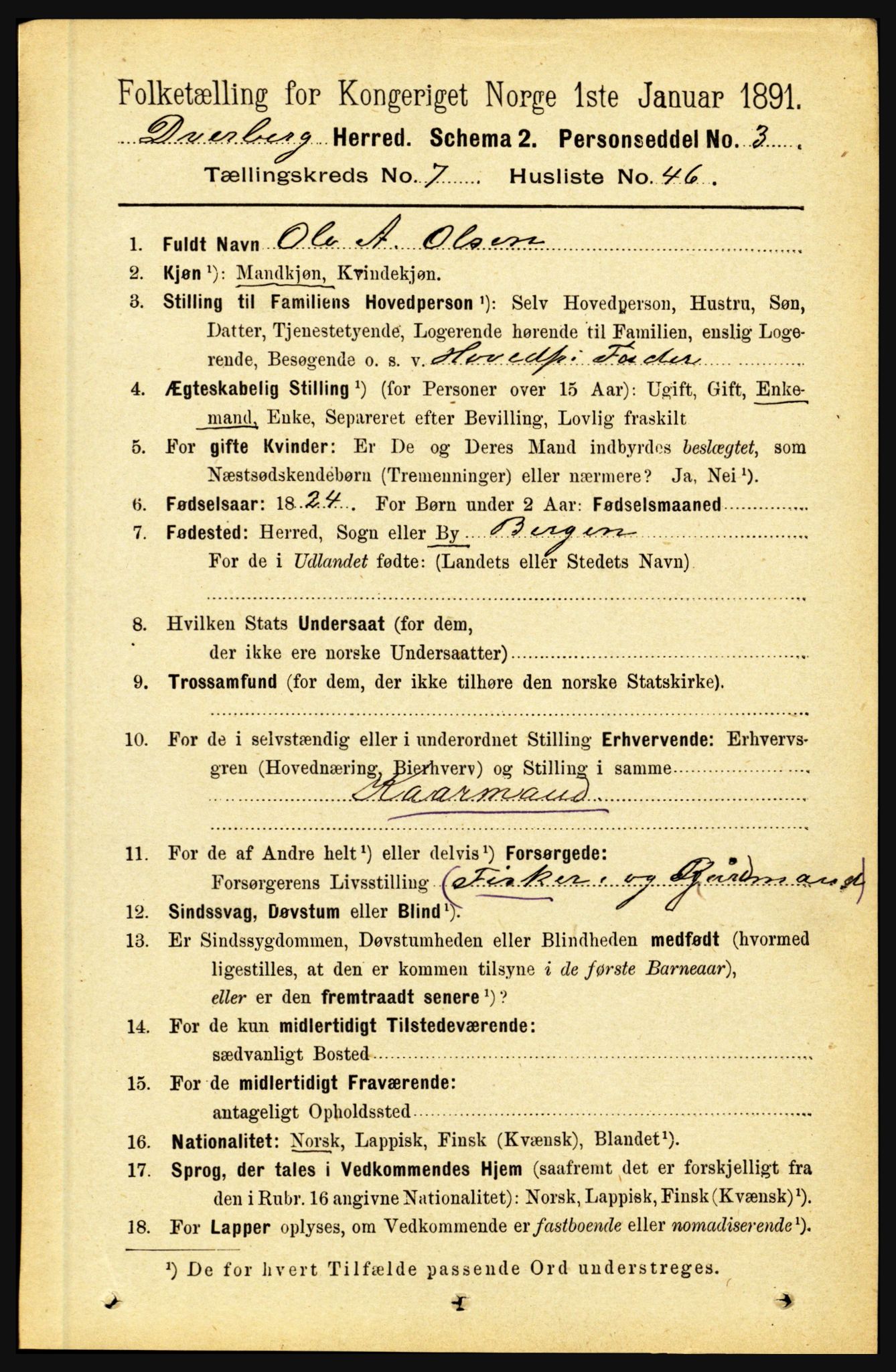 RA, 1891 census for 1872 Dverberg, 1891, p. 2895