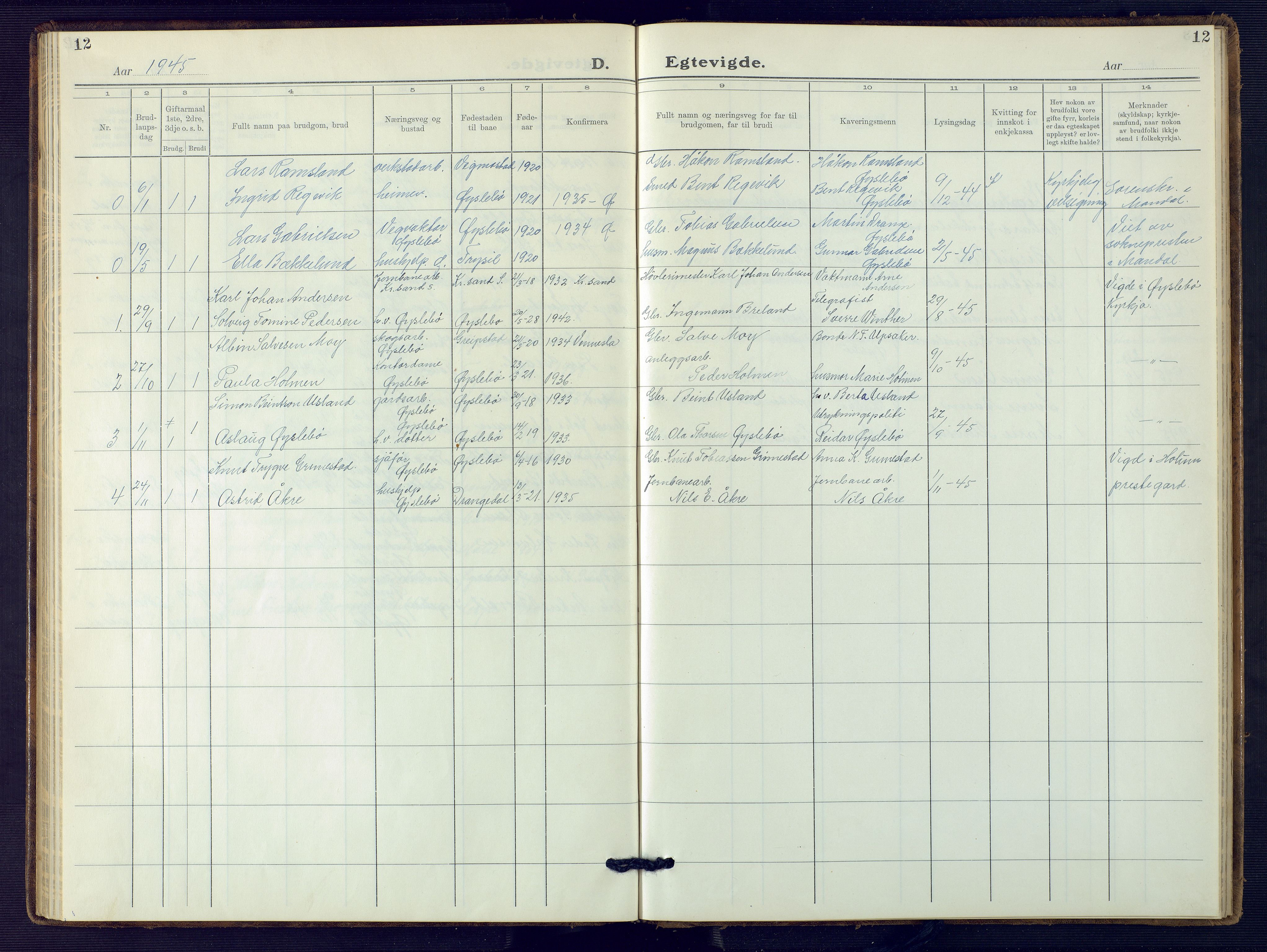 Holum sokneprestkontor, AV/SAK-1111-0022/F/Fb/Fbc/L0005: Parish register (copy) no. B 5, 1931-1945, p. 12