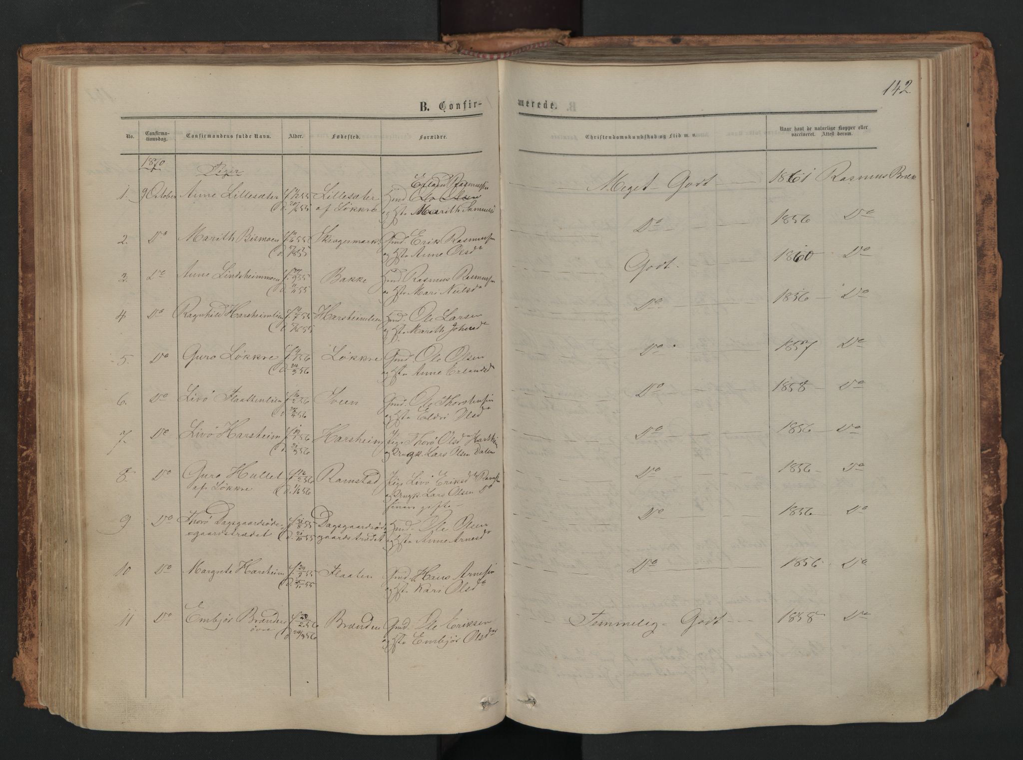 Skjåk prestekontor, AV/SAH-PREST-072/H/Ha/Haa/L0001: Parish register (official) no. 1, 1863-1879, p. 142