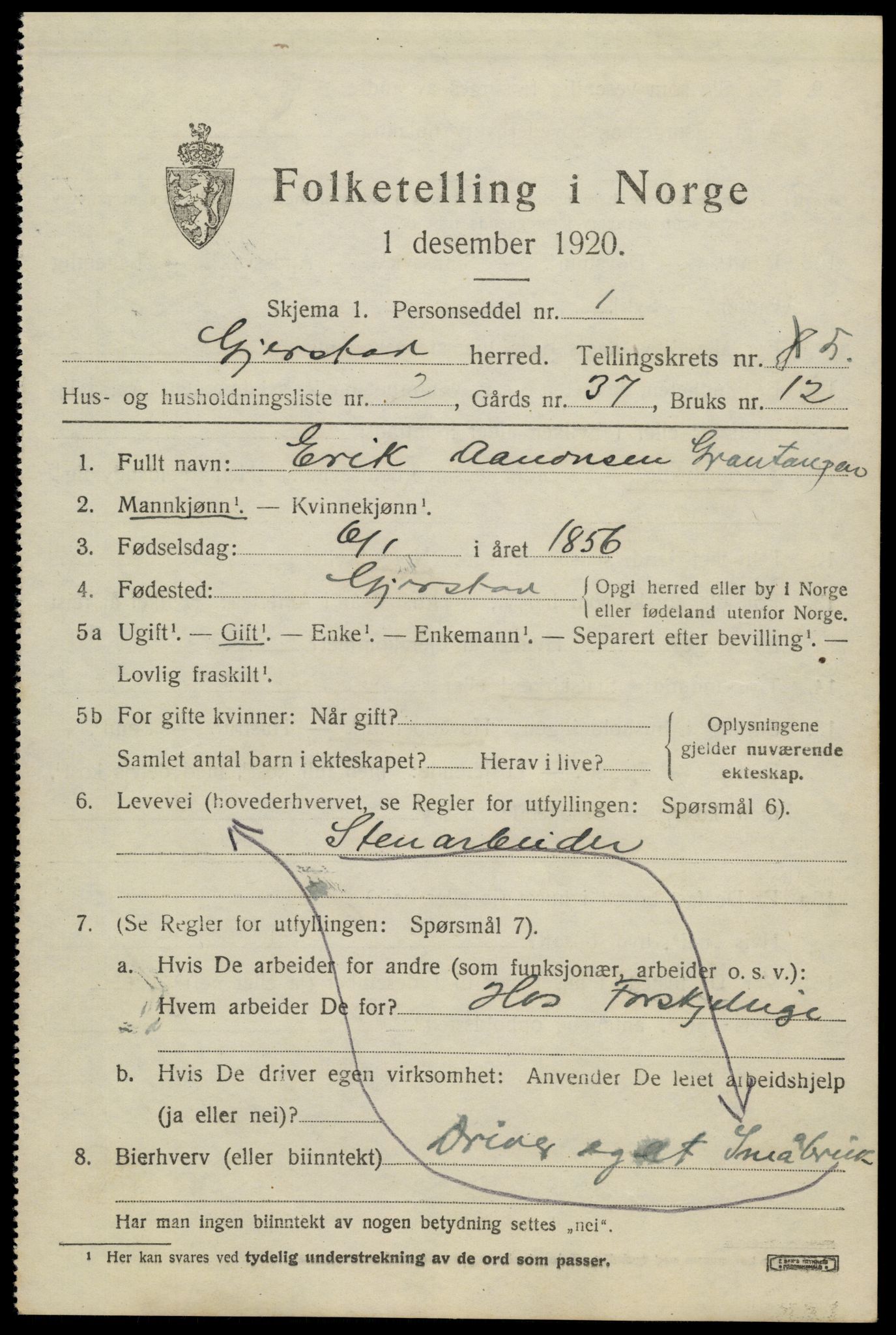 SAK, 1920 census for Gjerstad, 1920, p. 3269