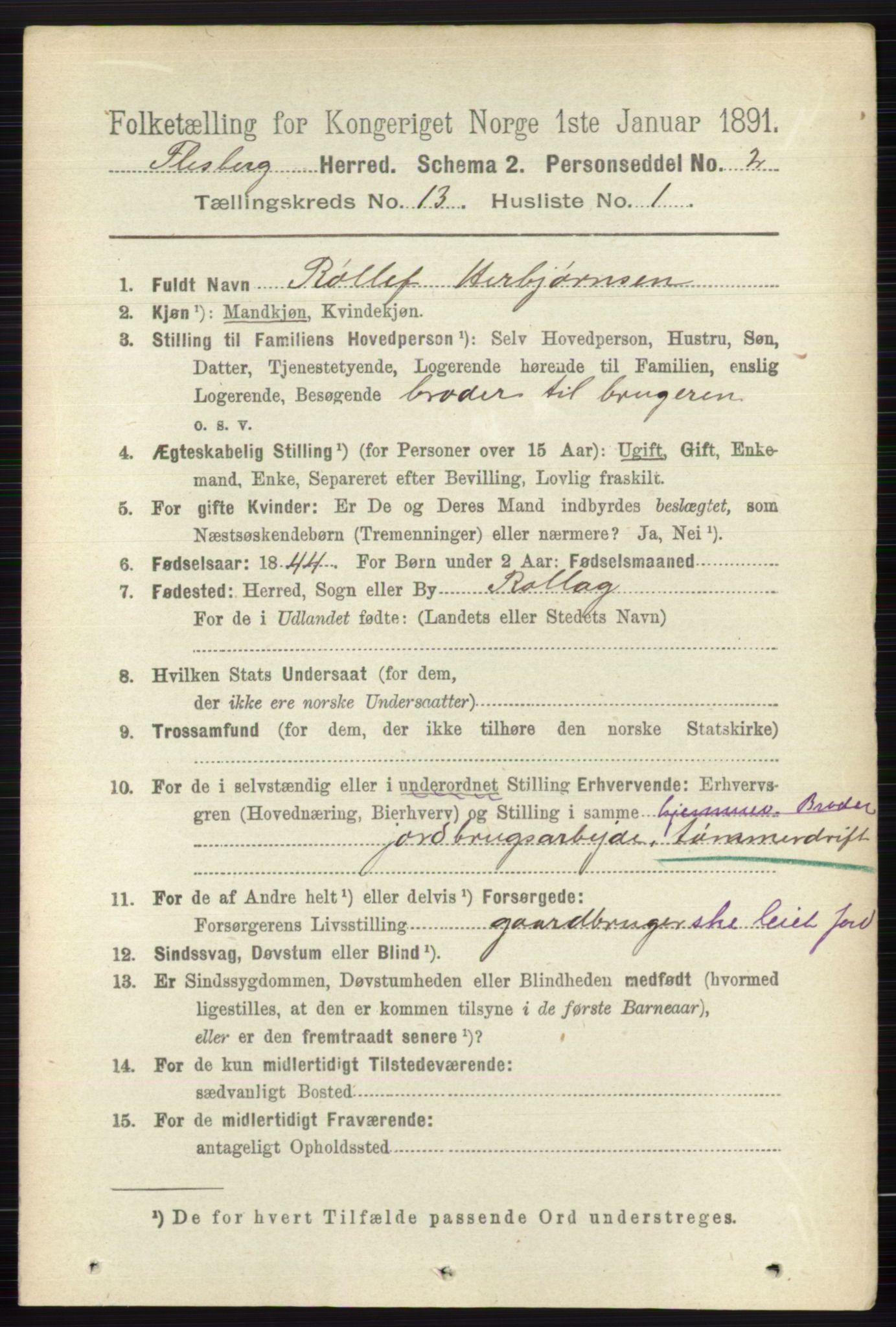 RA, 1891 census for 0631 Flesberg, 1891, p. 2225