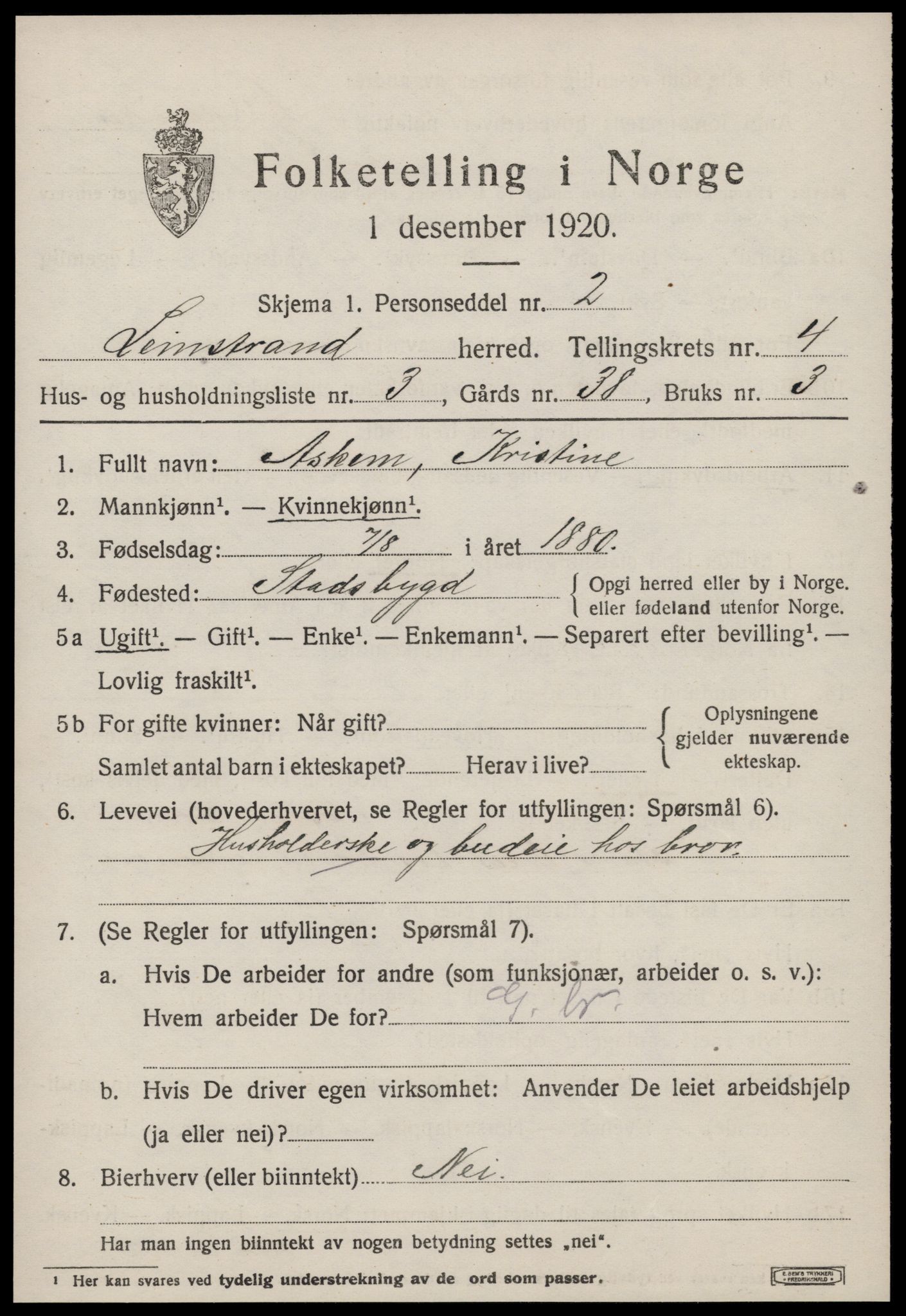 SAT, 1920 census for Leinstrand, 1920, p. 3841