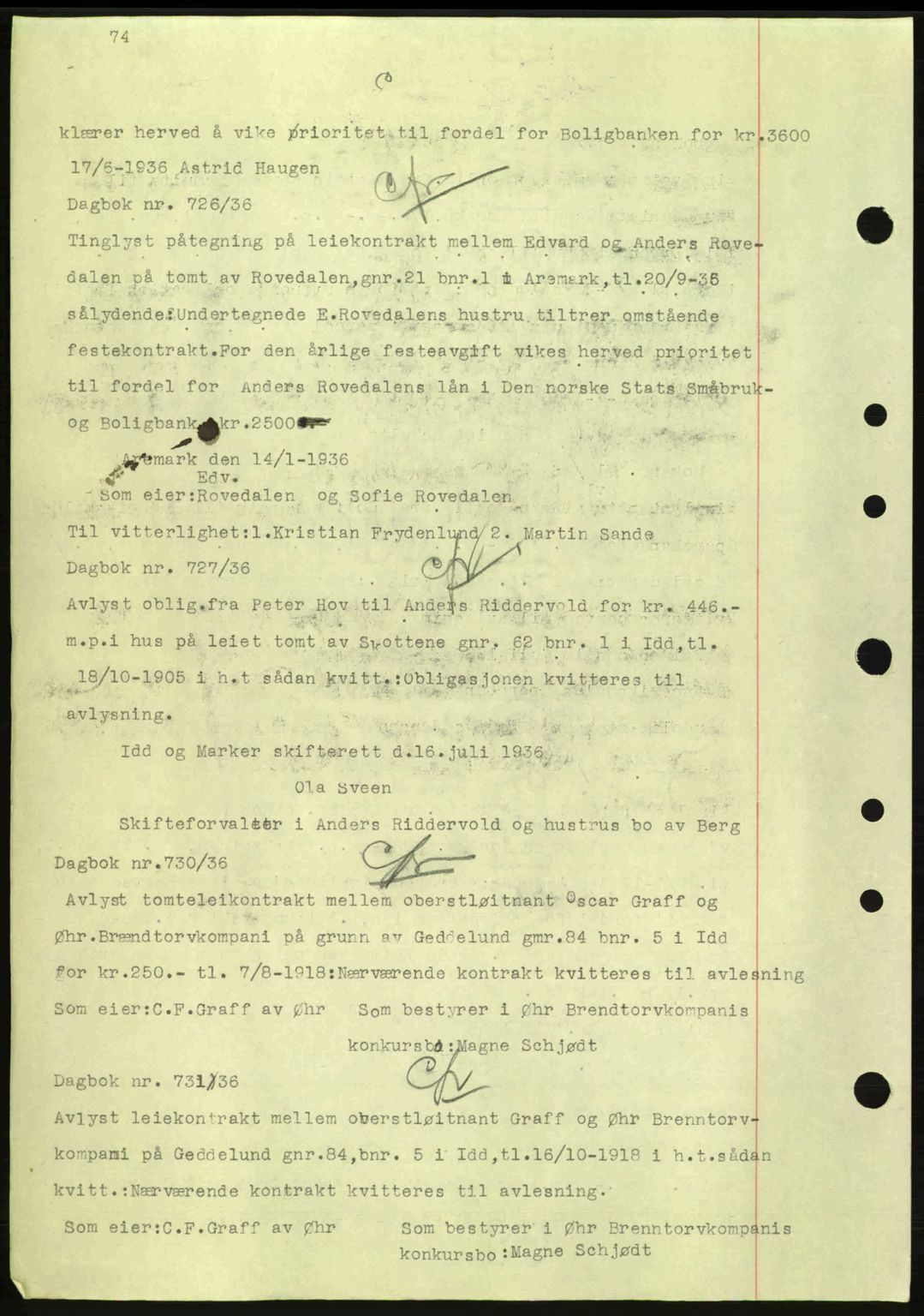 Idd og Marker sorenskriveri, AV/SAO-A-10283/G/Gb/Gbc/L0001: Mortgage book no. B1-3, 1936-1939, Diary no: : 726/1936