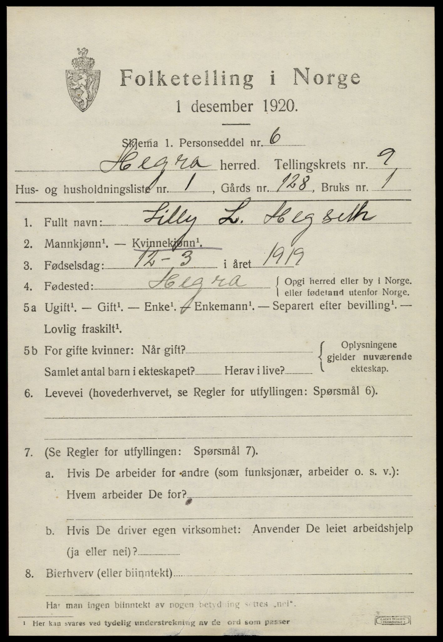 SAT, 1920 census for Hegra, 1920, p. 5986