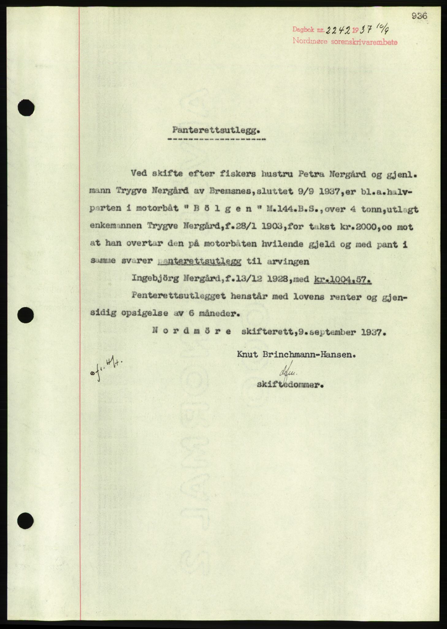 Nordmøre sorenskriveri, AV/SAT-A-4132/1/2/2Ca/L0091: Mortgage book no. B81, 1937-1937, Diary no: : 2242/1937