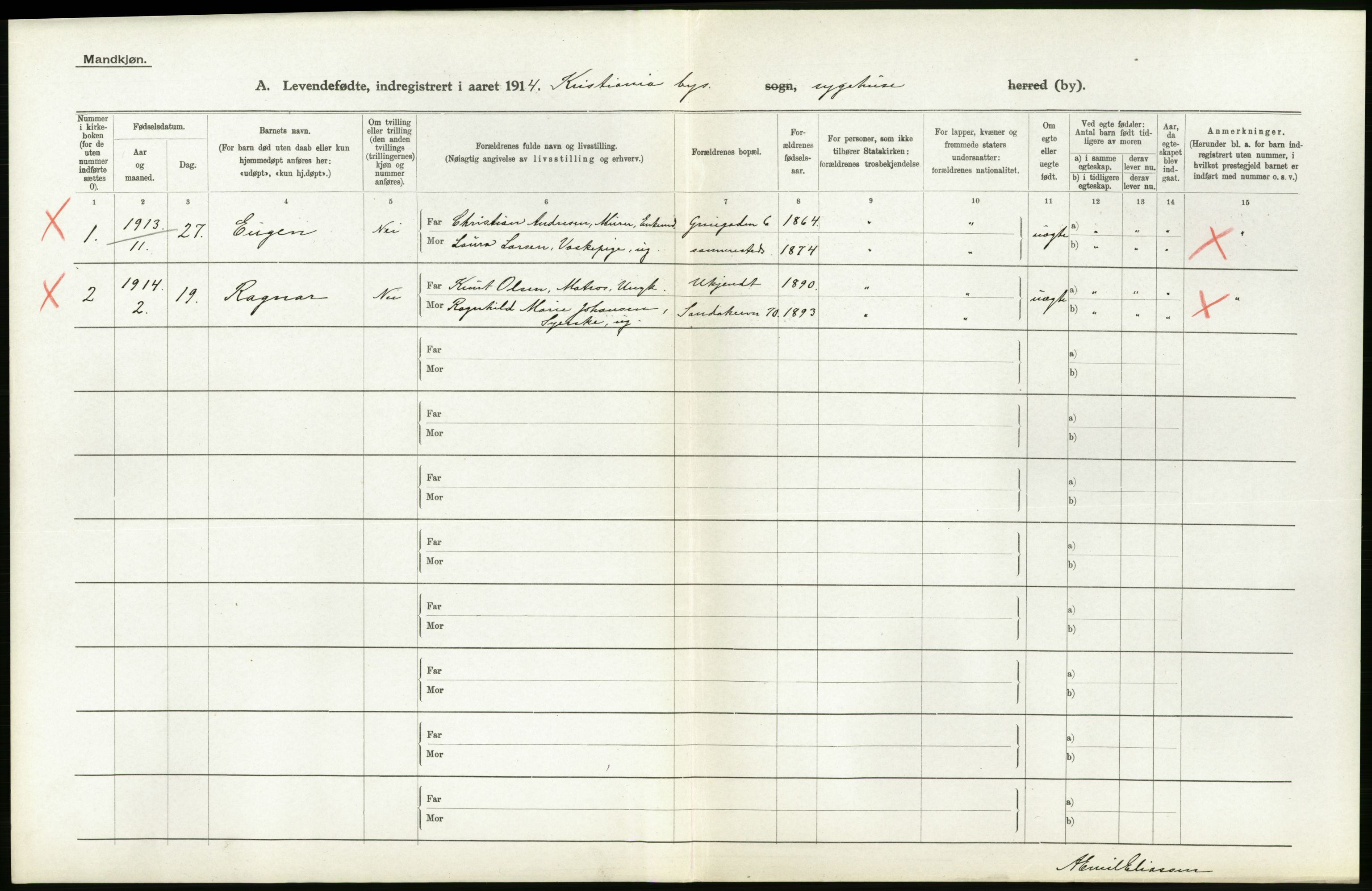 Statistisk sentralbyrå, Sosiodemografiske emner, Befolkning, RA/S-2228/D/Df/Dfb/Dfbd/L0005: Kristiania: Levendefødte menn og kvinner., 1914, p. 478