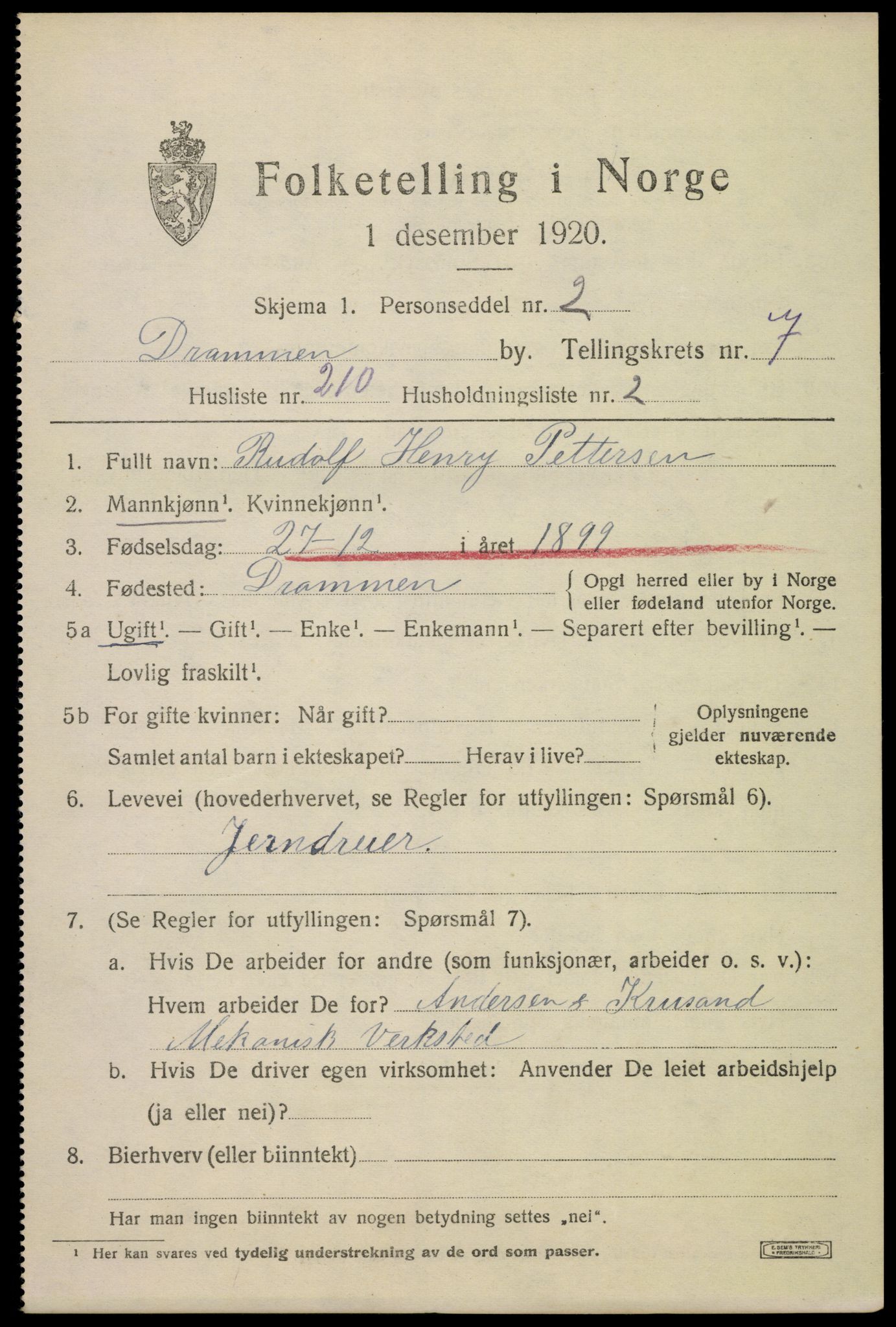 SAKO, 1920 census for Drammen, 1920, p. 51083