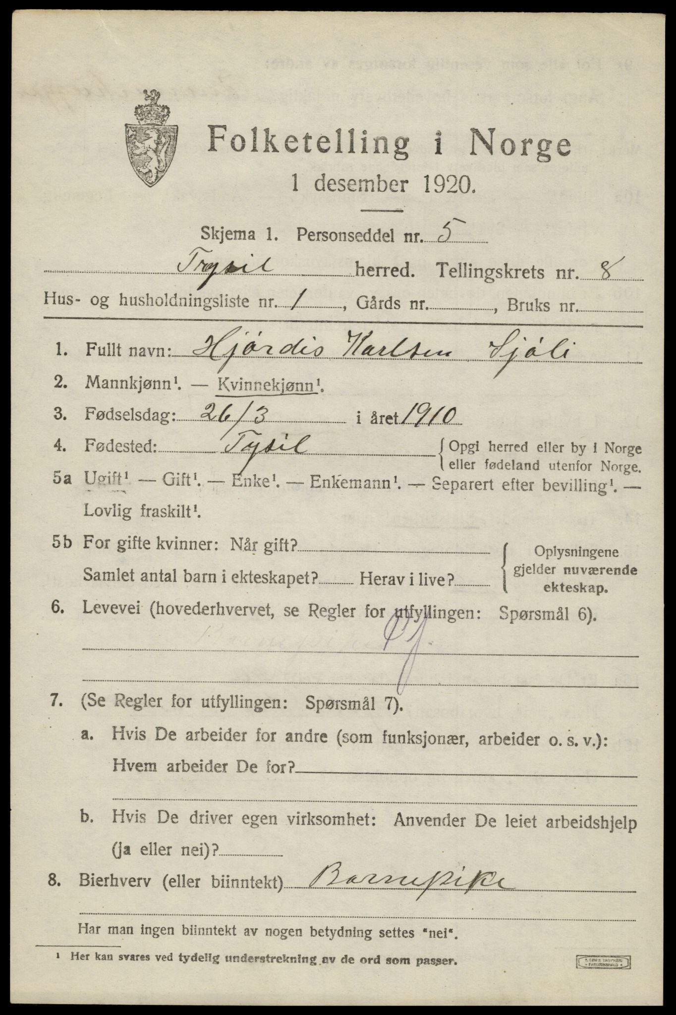 SAH, 1920 census for Trysil, 1920, p. 6229