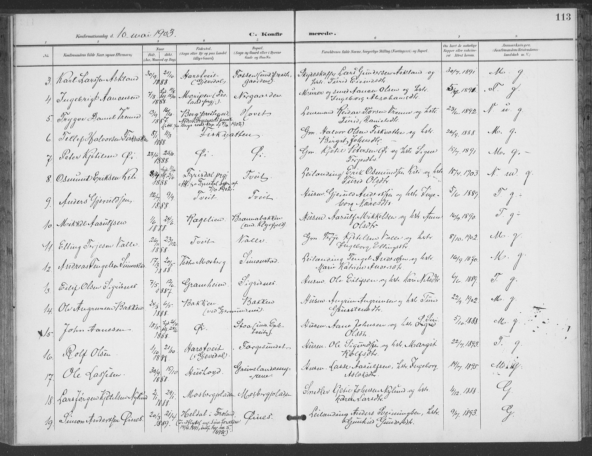 Åmli sokneprestkontor, AV/SAK-1111-0050/F/Fa/Fac/L0012: Parish register (official) no. A 12, 1900-1914, p. 113