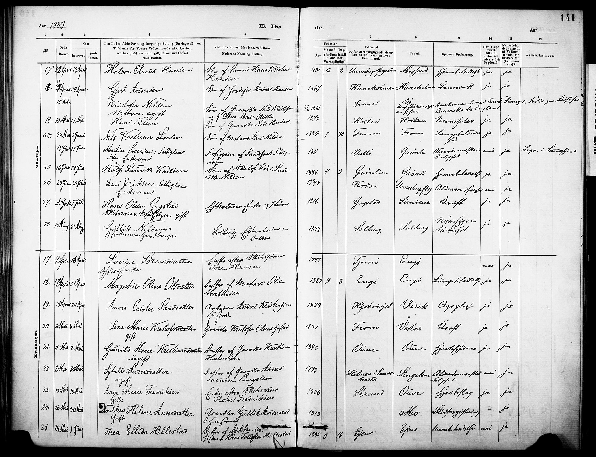 Sandar kirkebøker, AV/SAKO-A-243/F/Fa/L0013: Parish register (official) no. 13, 1883-1895, p. 141