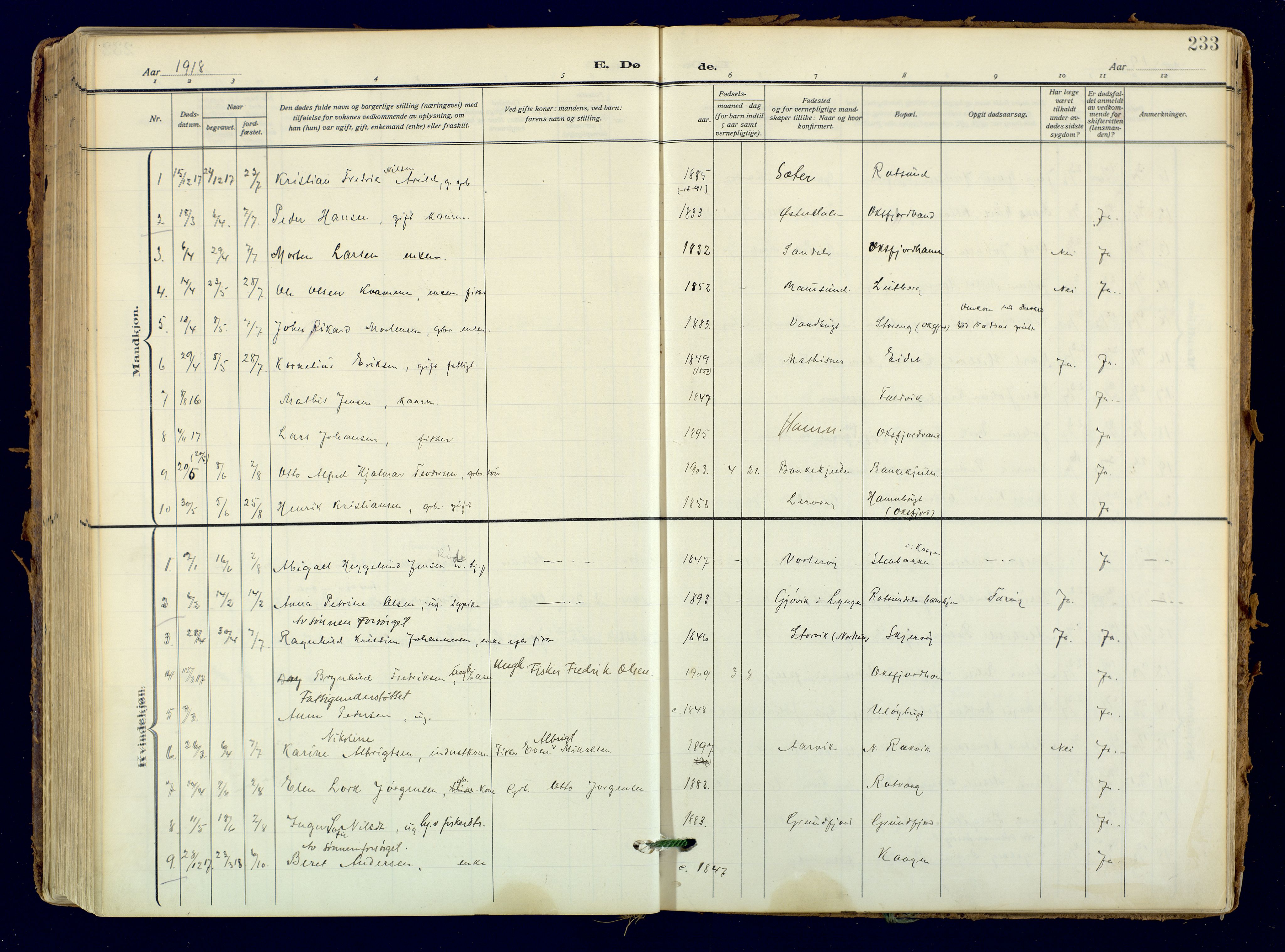 Skjervøy sokneprestkontor, AV/SATØ-S-1300/H/Ha/Haa: Parish register (official) no. 18, 1910-1926, p. 233