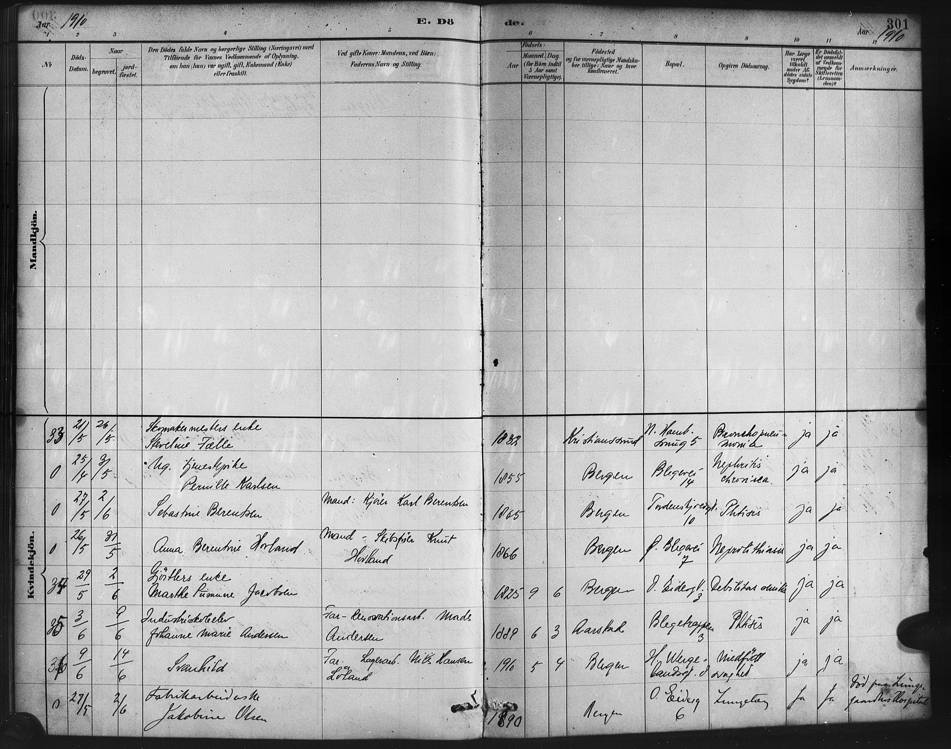 Korskirken sokneprestembete, SAB/A-76101/H/Haa/L0047: Parish register (official) no. E 5, 1884-1910, p. 301