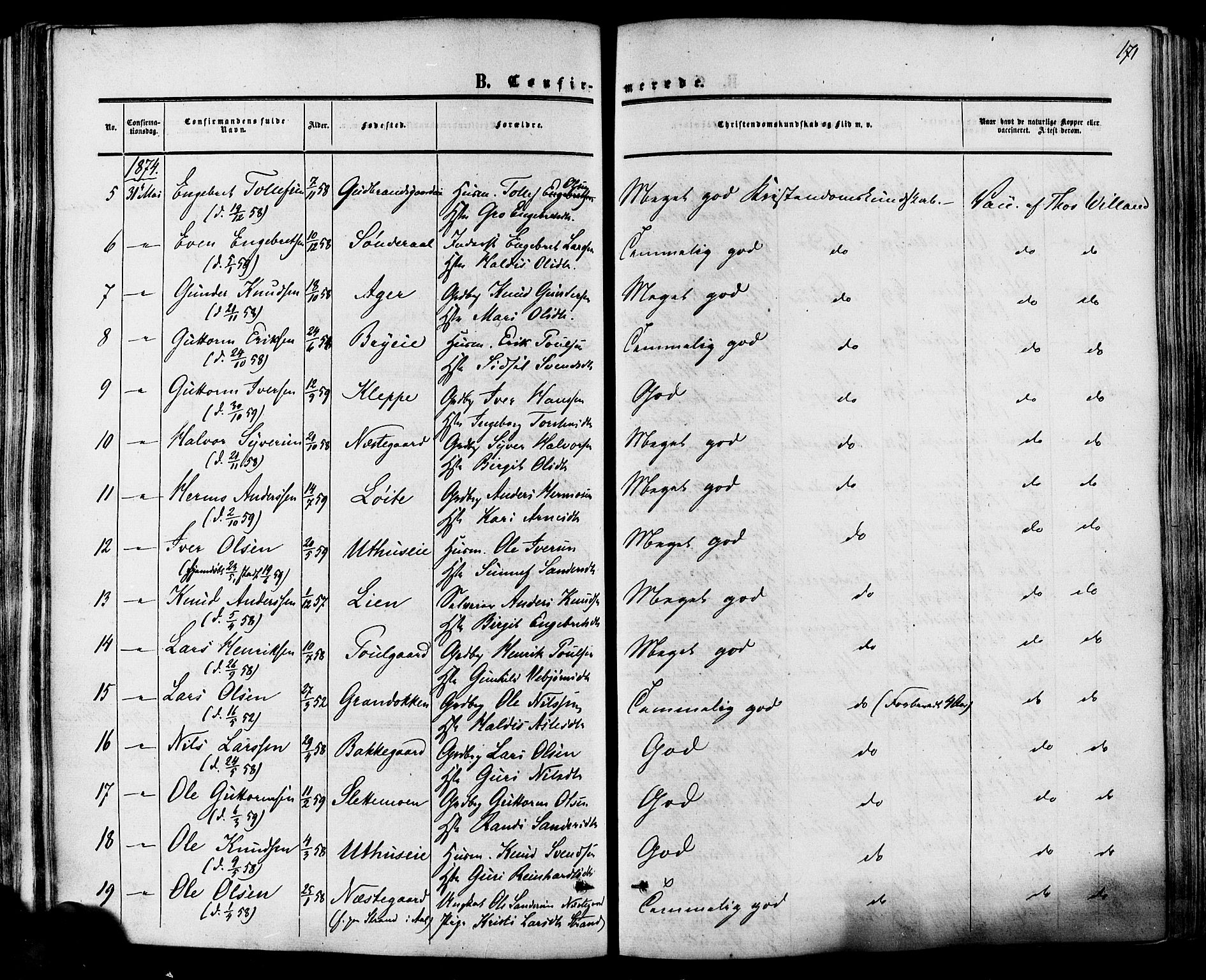 Hol kirkebøker, AV/SAKO-A-227/F/Fa/L0002: Parish register (official) no. I 2, 1870-1886, p. 171