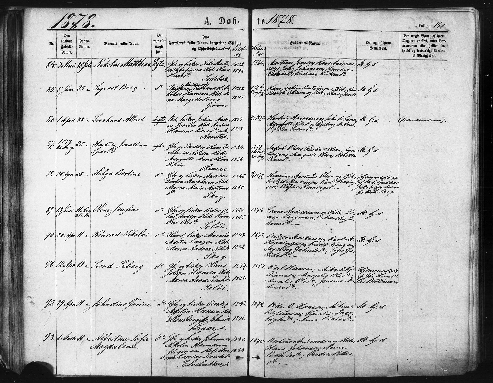 Ibestad sokneprestembete, SATØ/S-0077/H/Ha/Haa/L0010kirke: Parish register (official) no. 10, 1869-1879, p. 141