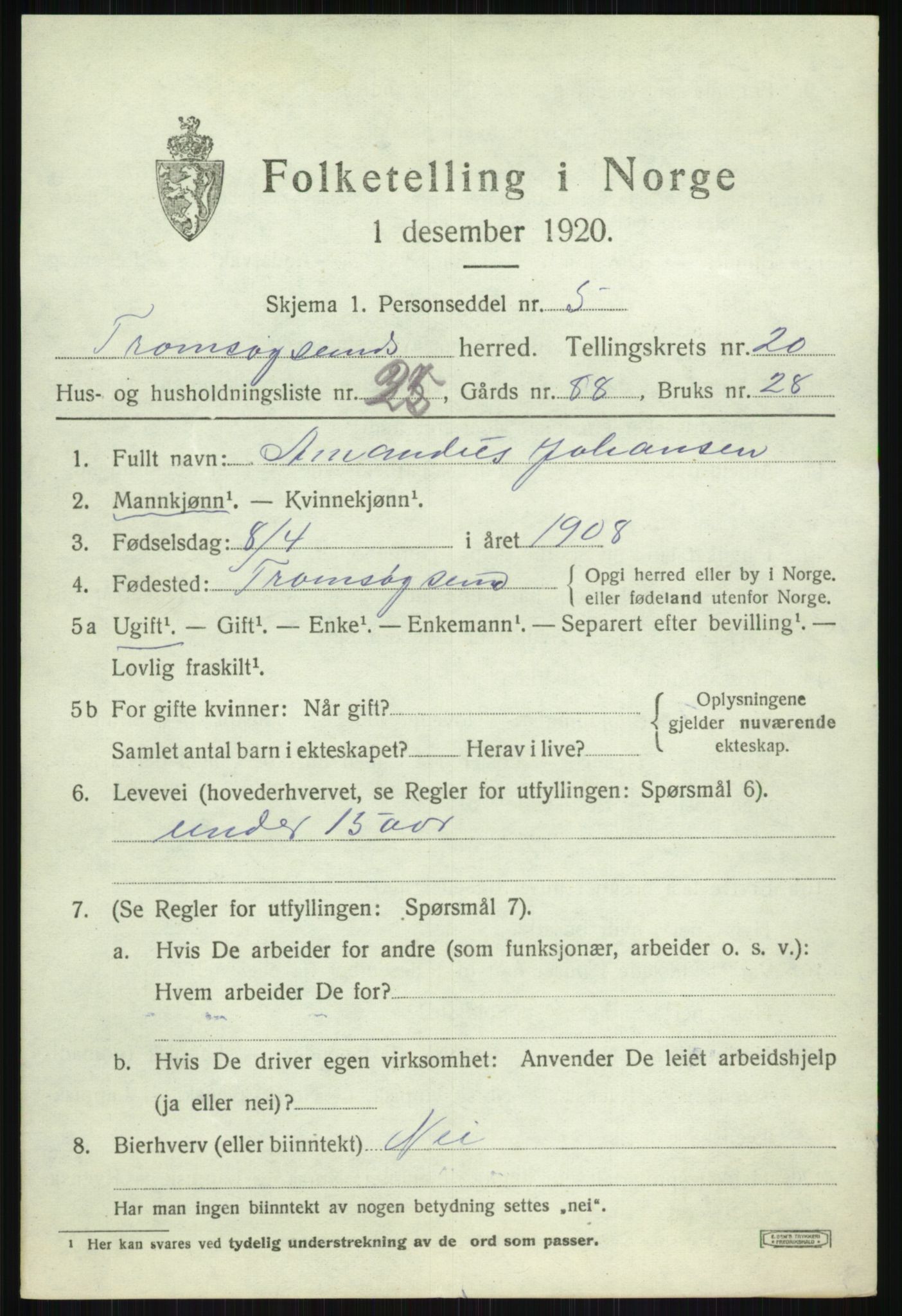 SATØ, 1920 census for Tromsøysund, 1920, p. 10926