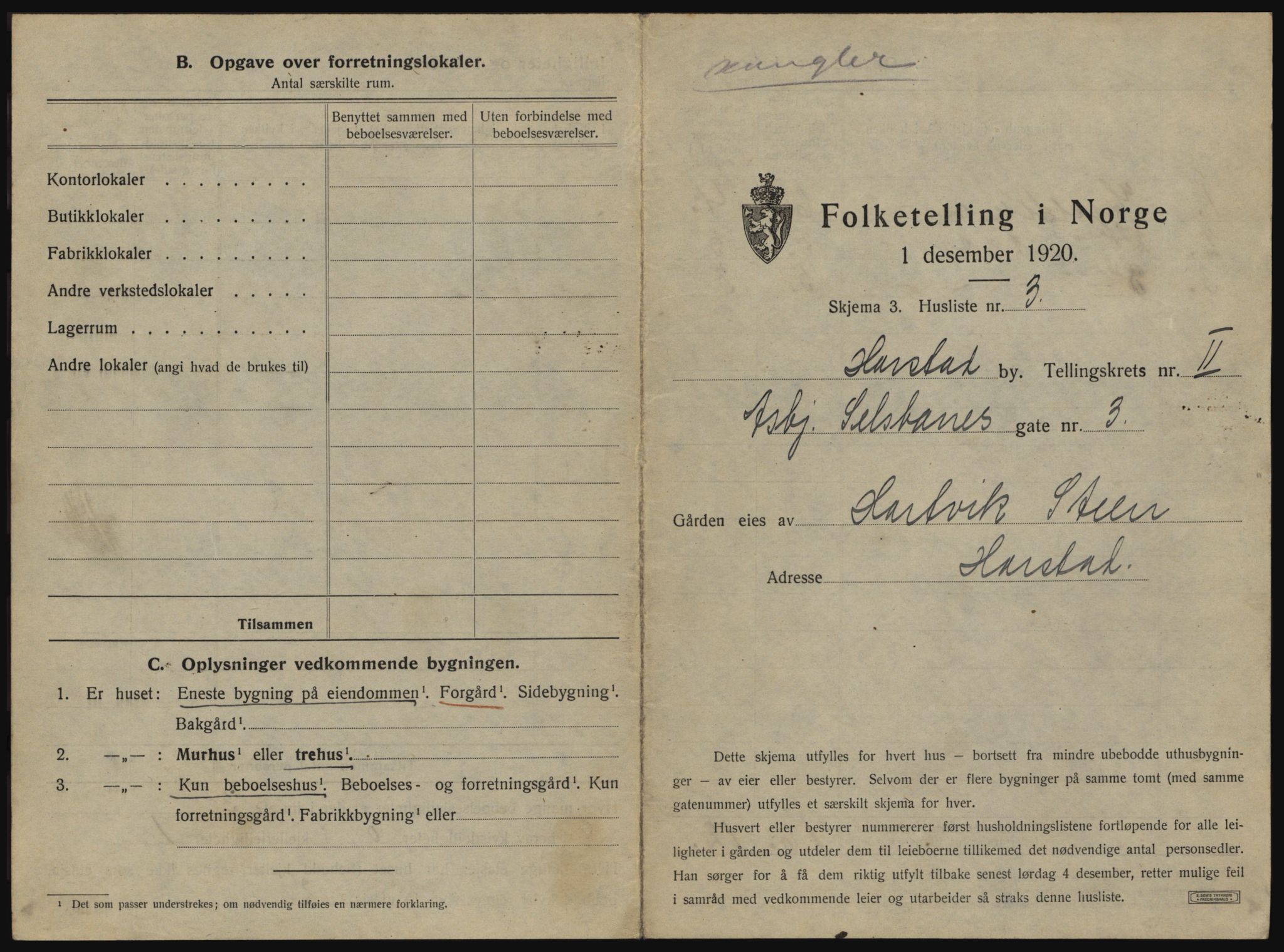 SATØ, 1920 census for Harstad, 1920, p. 109