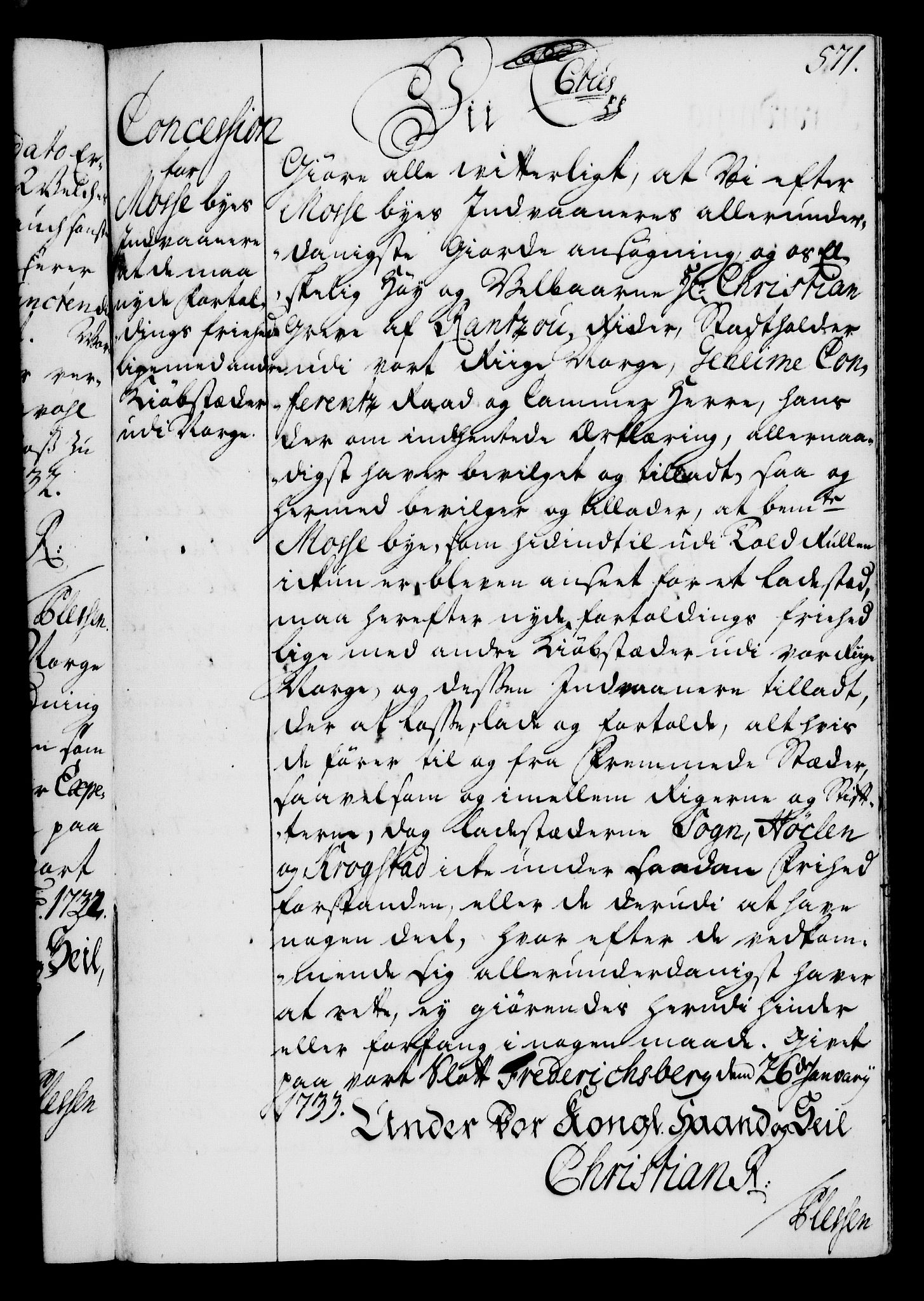 Rentekammeret, Kammerkanselliet, RA/EA-3111/G/Gg/Gga/L0003: Norsk ekspedisjonsprotokoll med register (merket RK 53.3), 1727-1734, p. 571