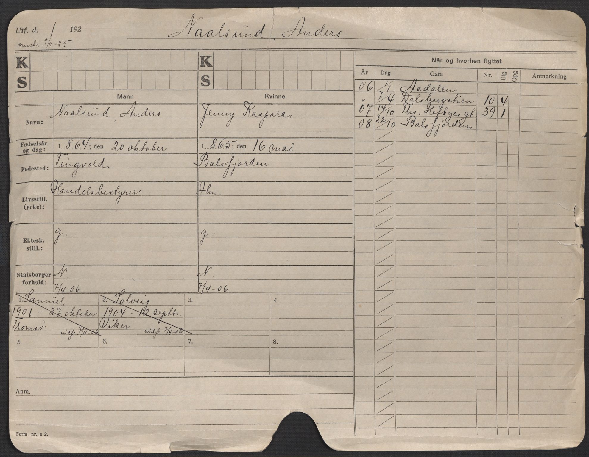 Oslo folkeregister, Registerkort, AV/SAO-A-11715/F/Fa/Fac/L0008: Menn, 1906-1914, p. 1a