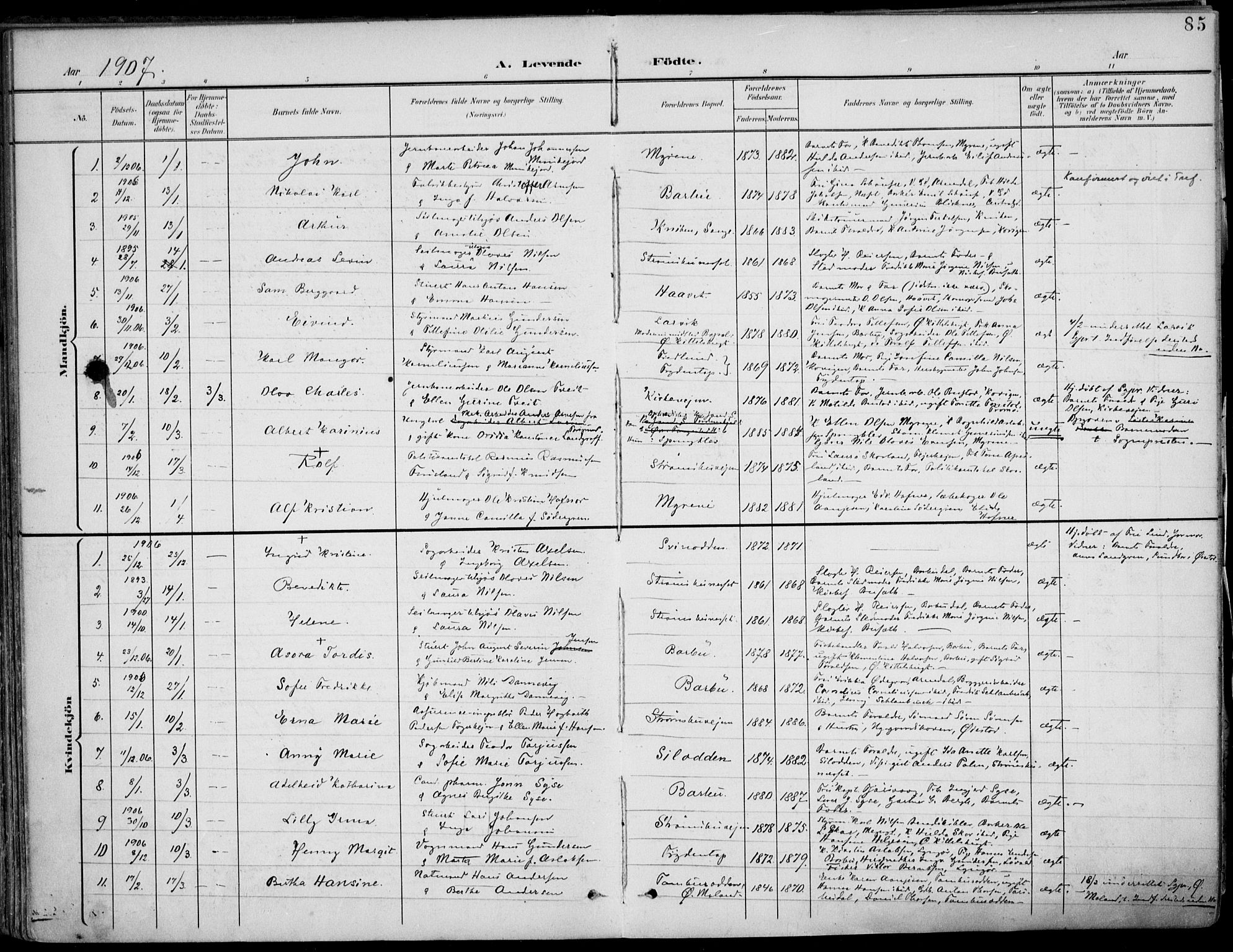 Barbu sokneprestkontor, SAK/1111-0003/F/Fa/L0005: Parish register (official) no. A 5, 1899-1909, p. 85