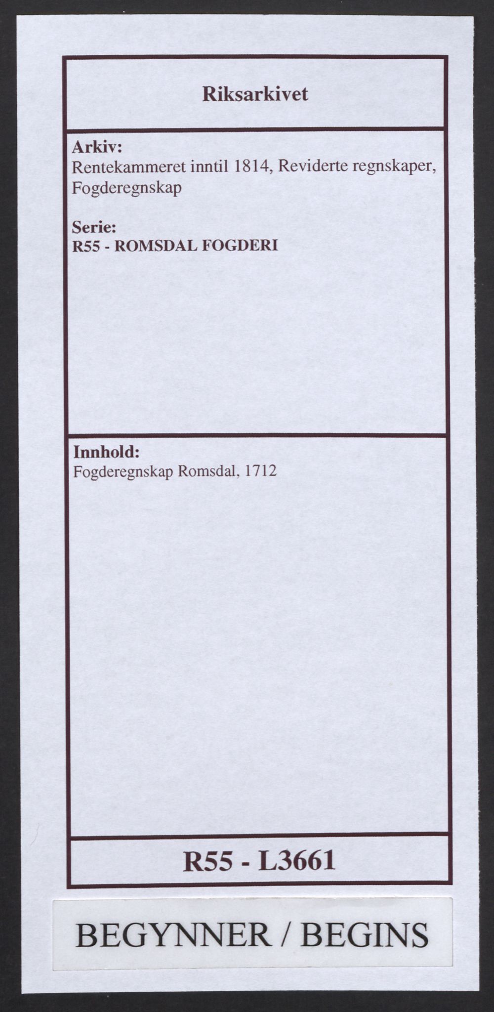 Rentekammeret inntil 1814, Reviderte regnskaper, Fogderegnskap, AV/RA-EA-4092/R55/L3661: Fogderegnskap Romsdal, 1712, p. 1