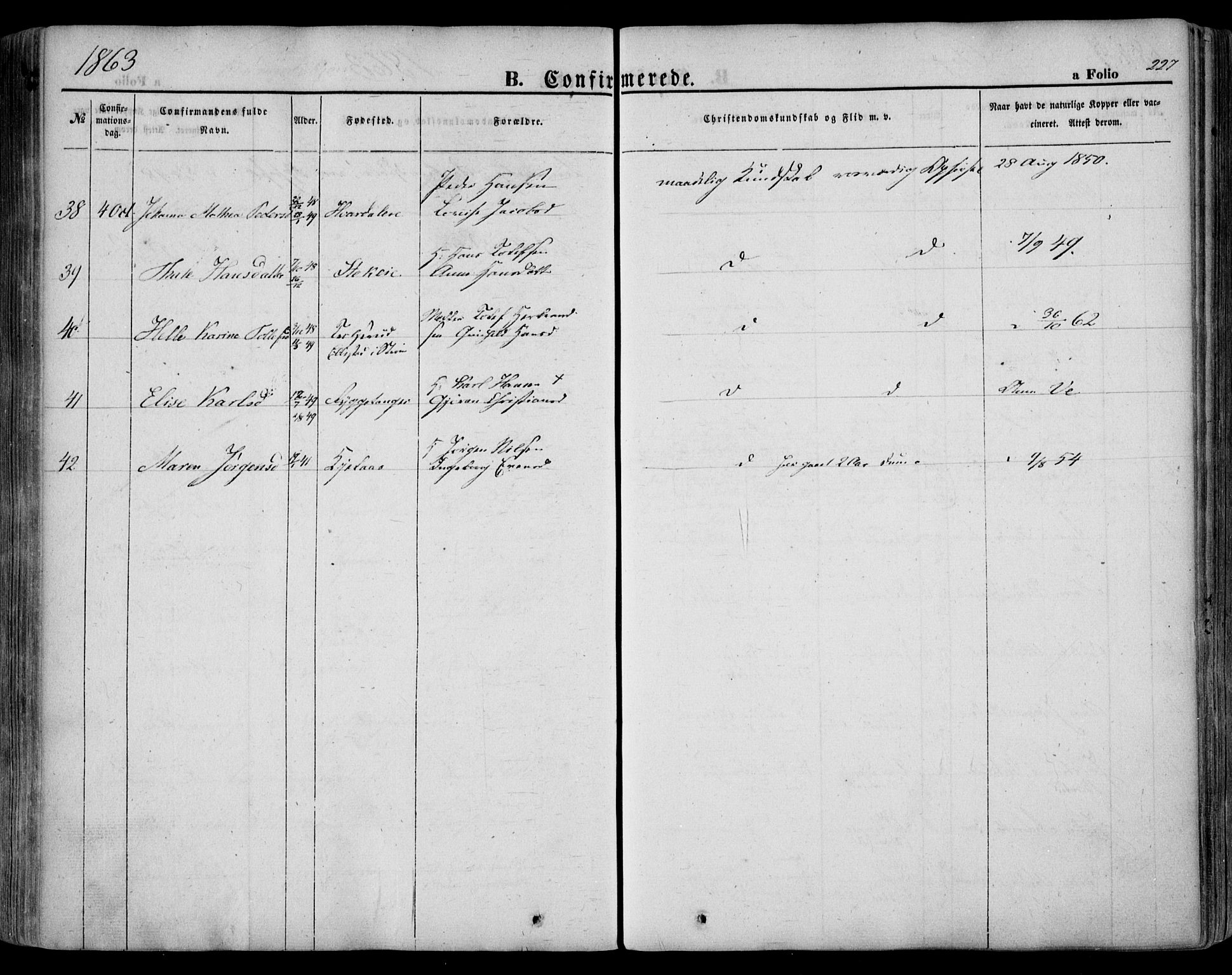 Sande Kirkebøker, SAKO/A-53/F/Fa/L0004: Parish register (official) no. 4, 1847-1864, p. 227
