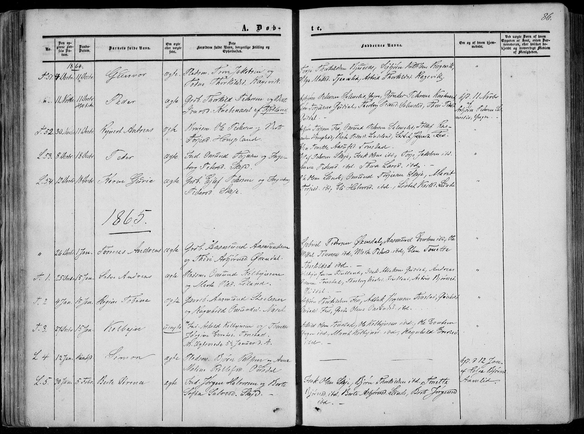 Sirdal sokneprestkontor, SAK/1111-0036/F/Fa/Fab/L0002: Parish register (official) no. A 2, 1855-1874, p. 86