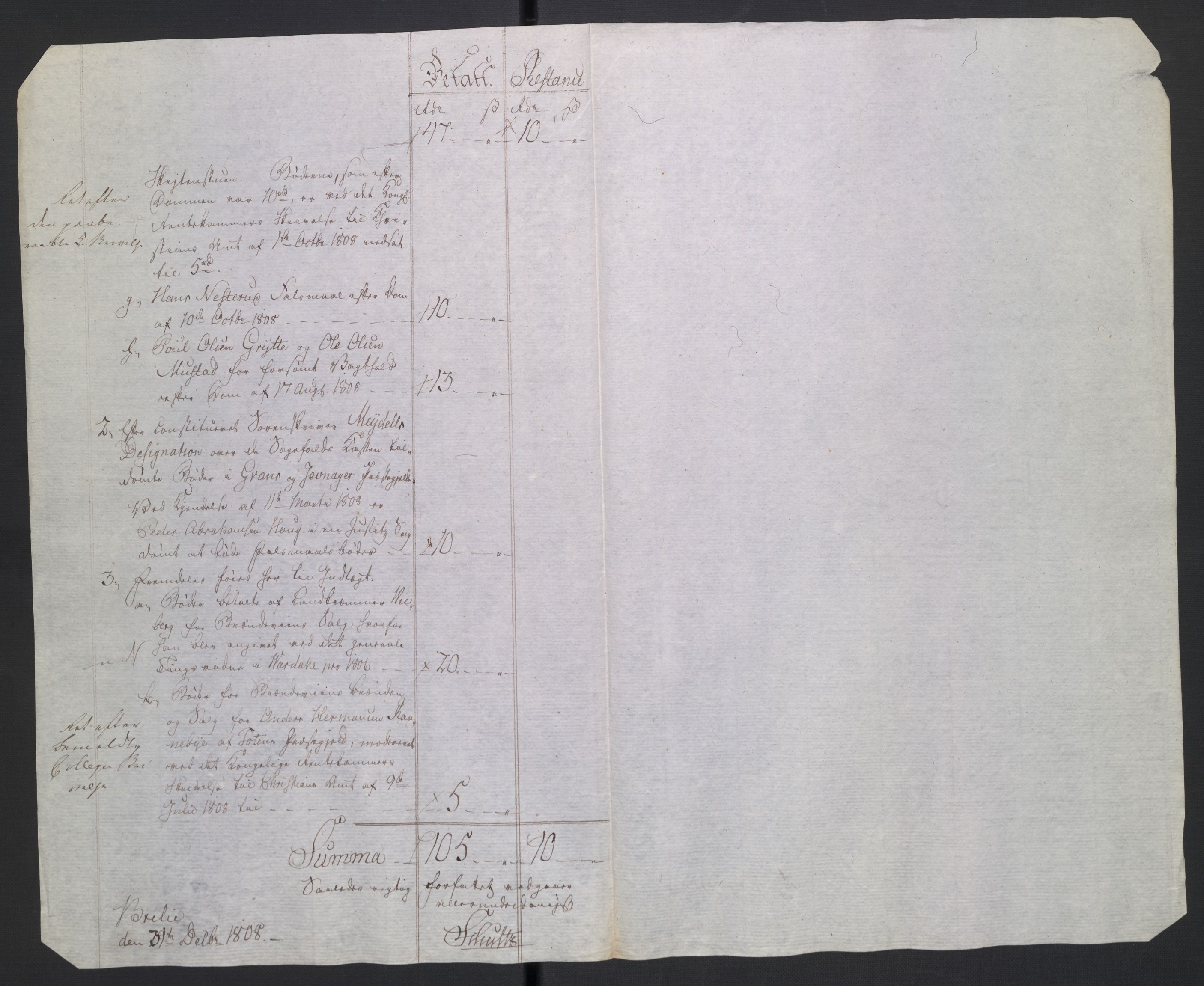 Rentekammeret inntil 1814, Reviderte regnskaper, Fogderegnskap, AV/RA-EA-4092/R19/L1396: Fogderegnskap Toten, Hadeland og Vardal, 1808, p. 228