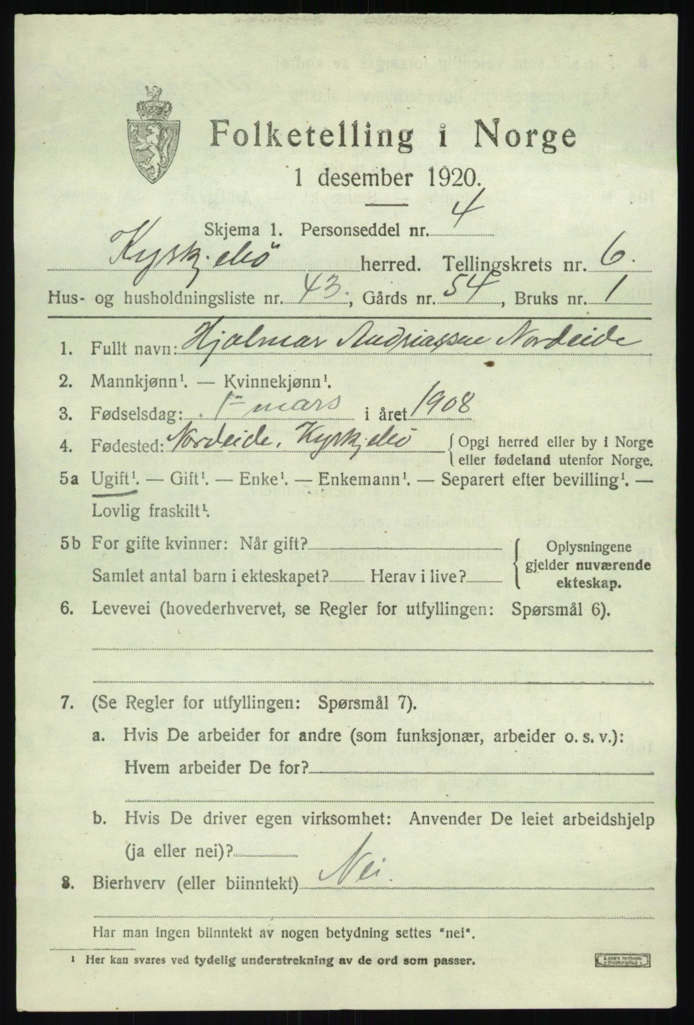 SAB, 1920 census for Kyrkjebø, 1920, p. 3461