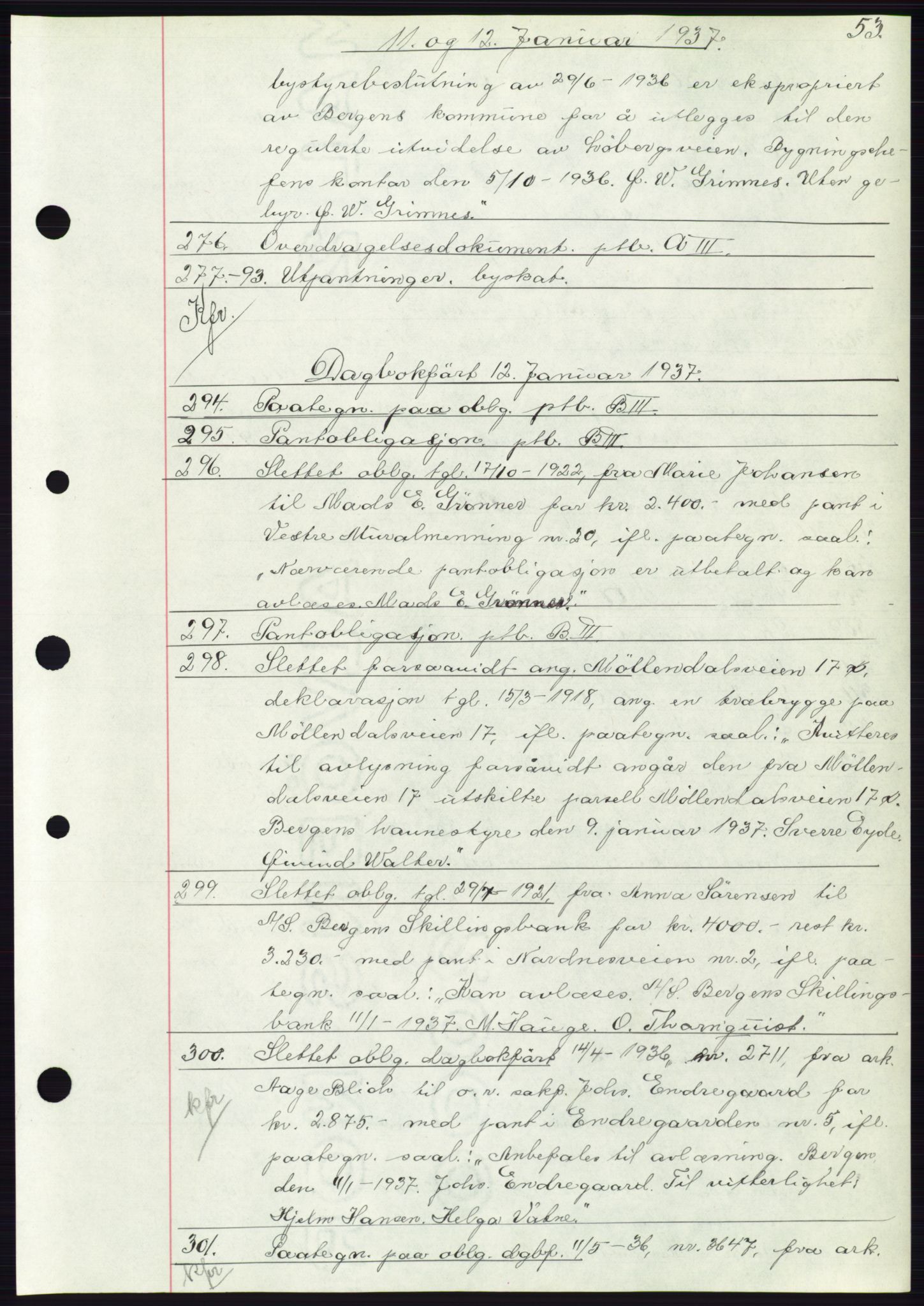 Byfogd og Byskriver i Bergen, AV/SAB-A-3401/03: Mortgage book no. C 3, 1936-1937, Diary no: : 276/1937