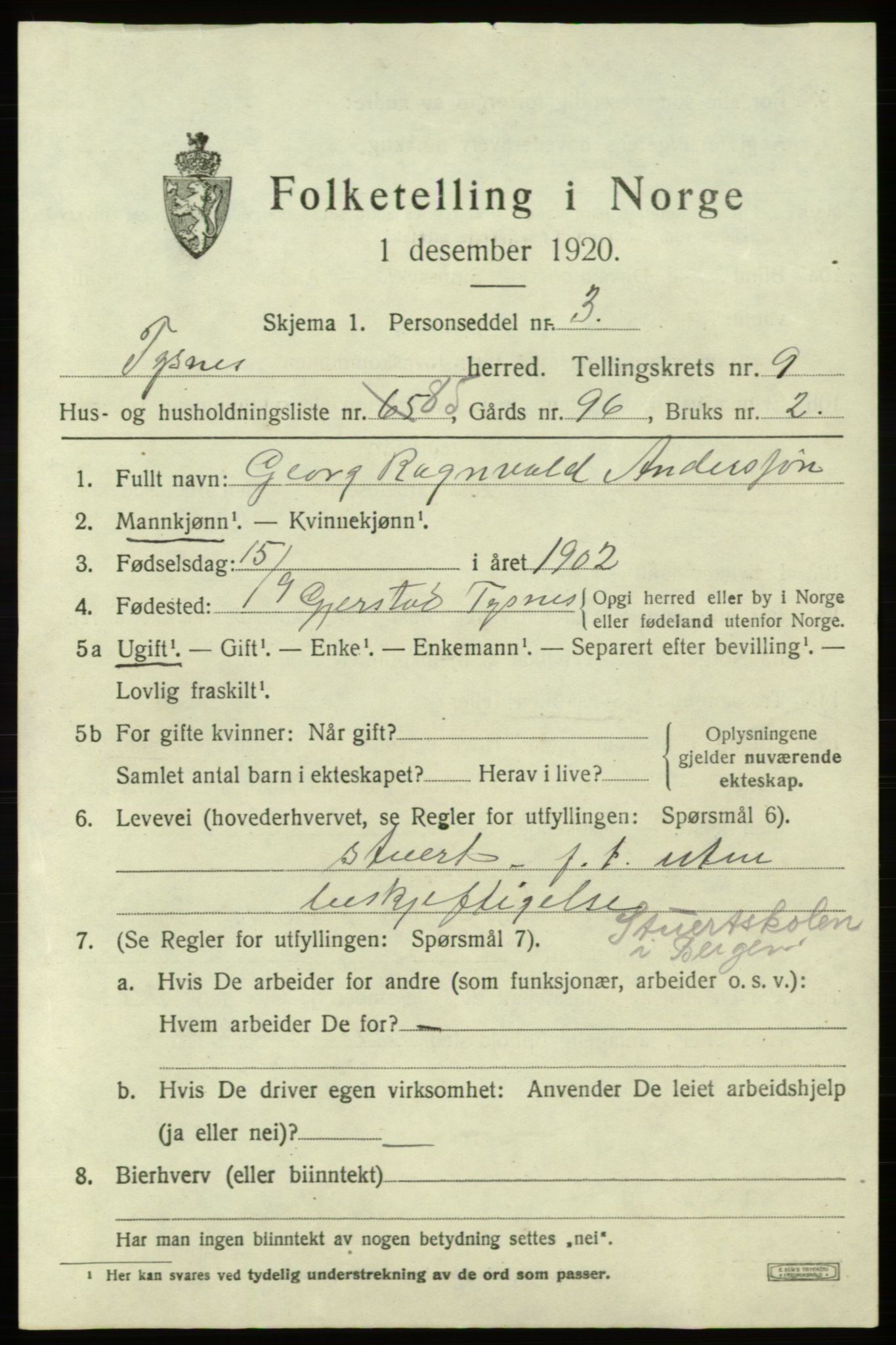 SAB, 1920 census for Tysnes, 1920, p. 7206