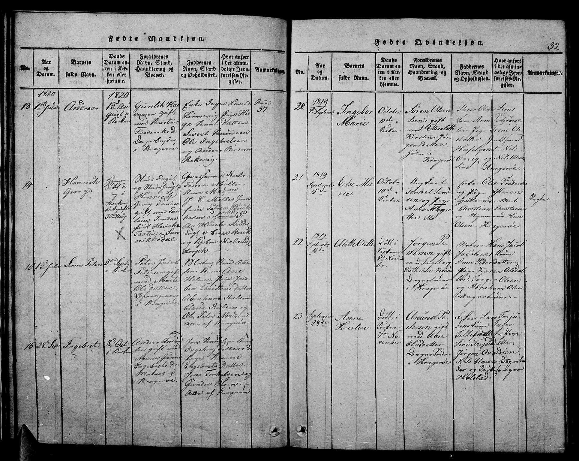 Kragerø kirkebøker, AV/SAKO-A-278/F/Fa/L0004: Parish register (official) no. 4, 1814-1831, p. 32