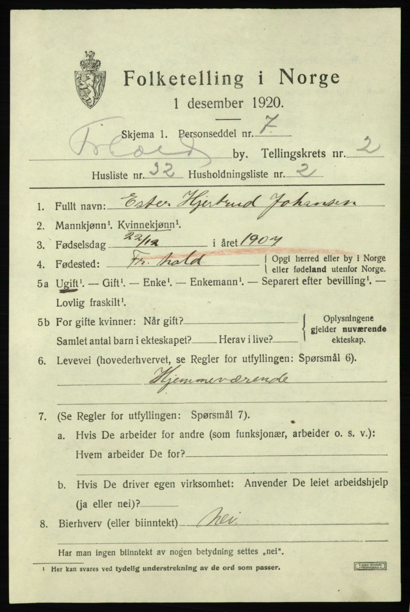 SAO, 1920 census for Fredrikshald, 1920, p. 10121