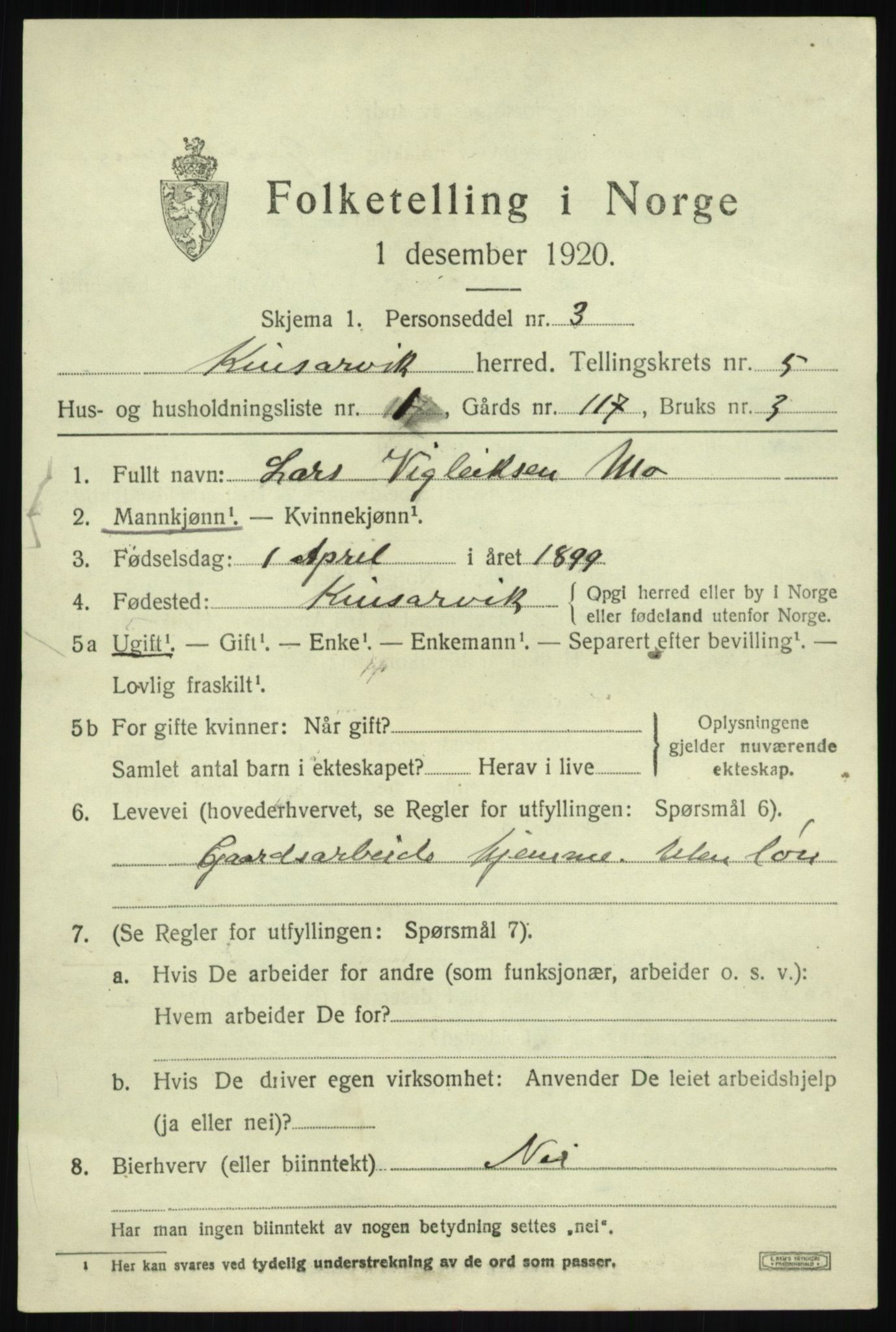 SAB, 1920 census for Kinsarvik, 1920, p. 2610