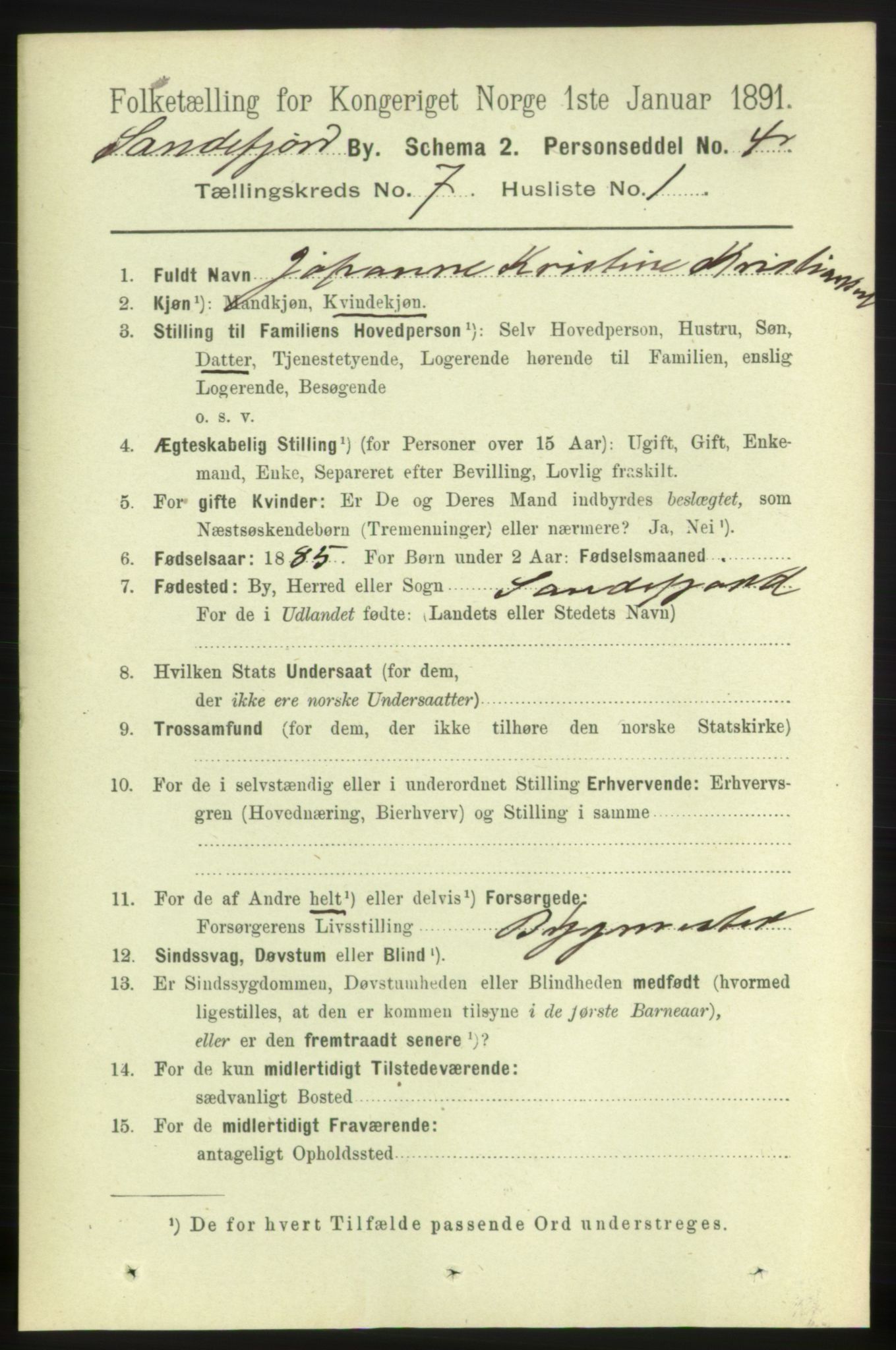 RA, 1891 census for 0706 Sandefjord, 1891, p. 2887