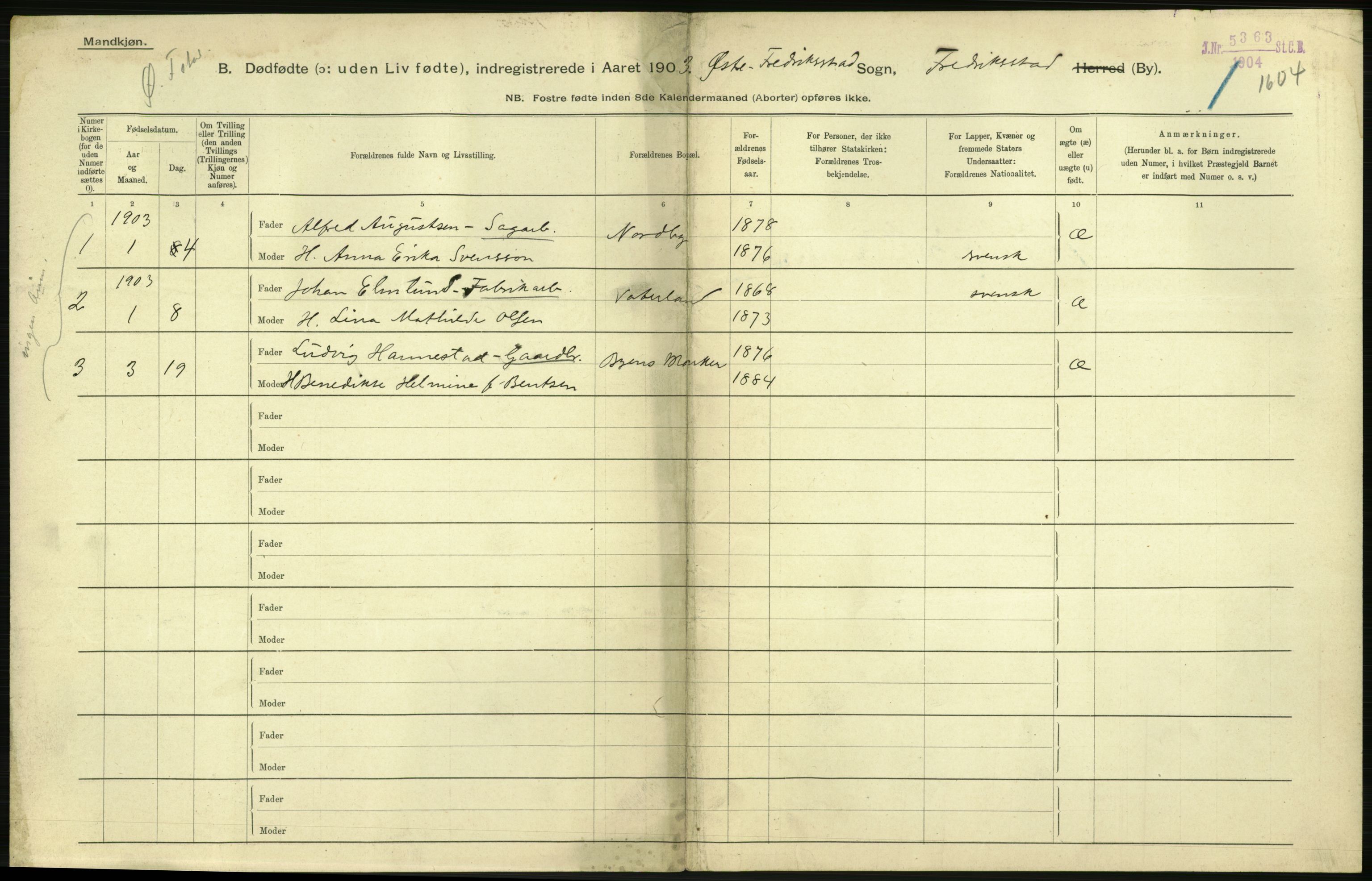 Statistisk sentralbyrå, Sosiodemografiske emner, Befolkning, AV/RA-S-2228/D/Df/Dfa/Dfaa/L0026: Smålenenes - Finnmarkens amt: Dødfødte. Byer., 1903, p. 112