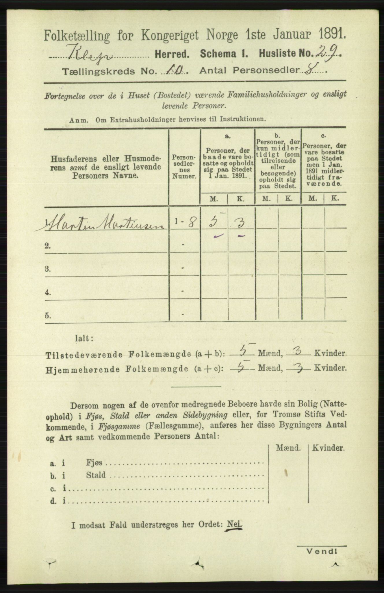 RA, 1891 census for 1120 Klepp, 1891, p. 2847