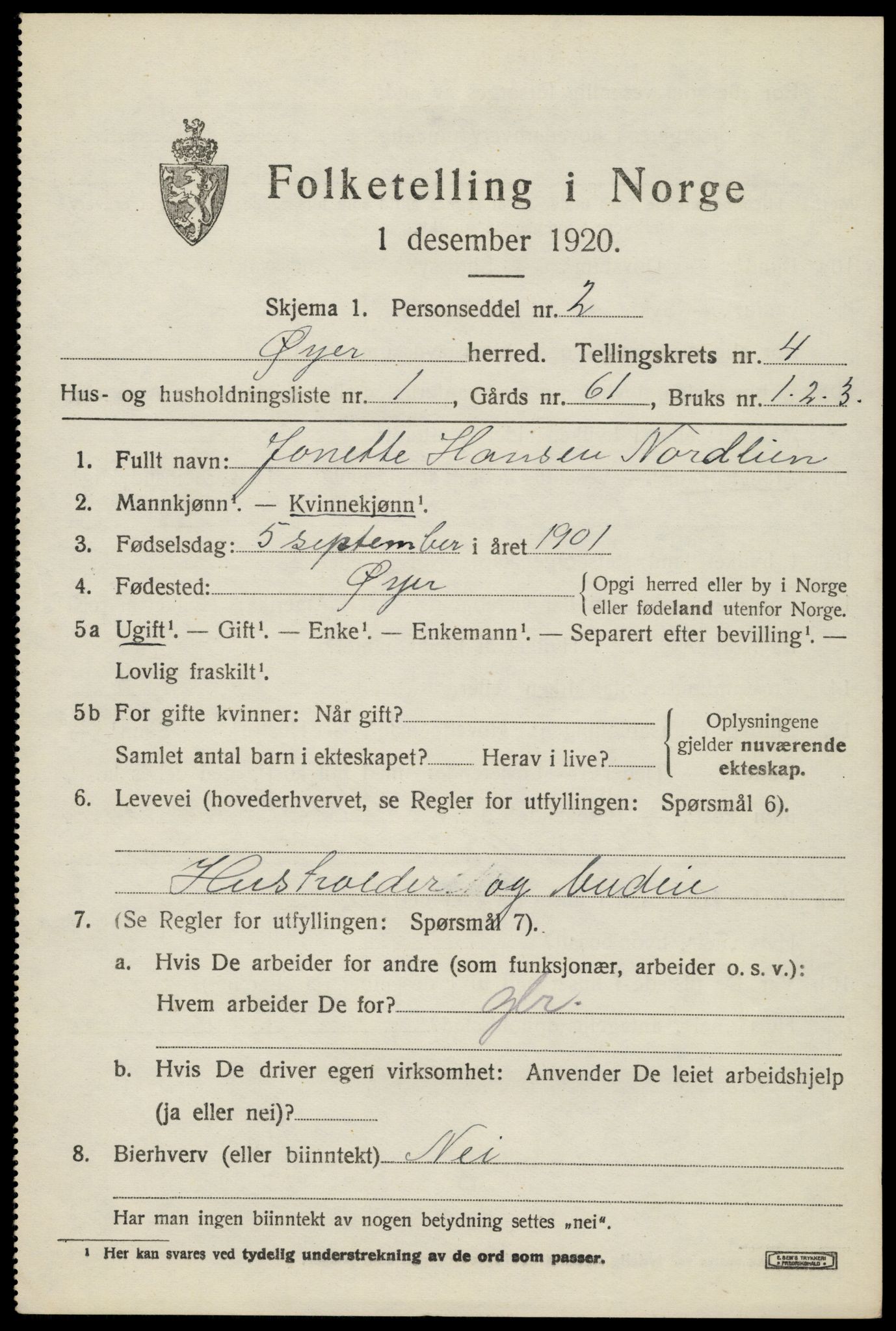 SAH, 1920 census for Øyer, 1920, p. 3955