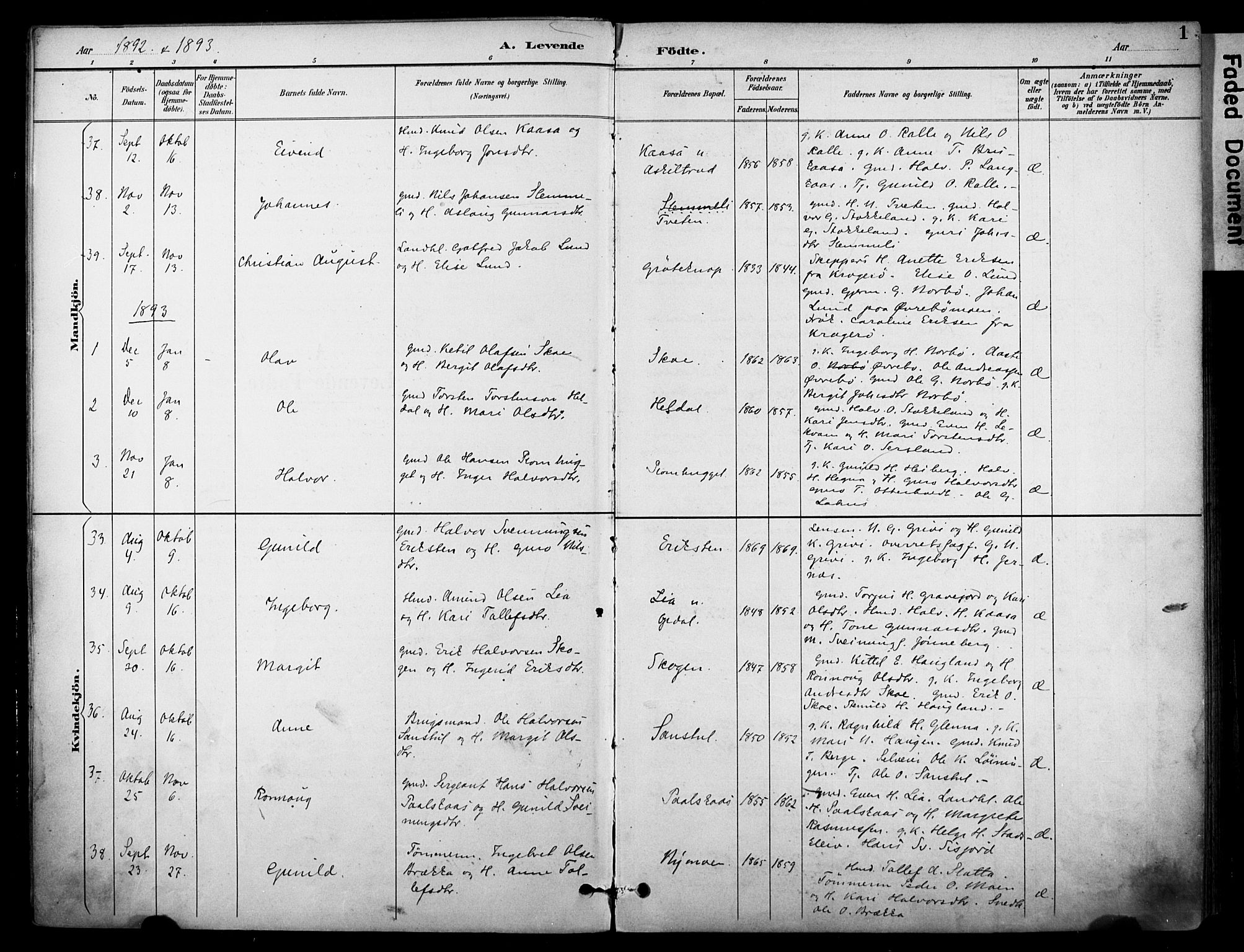 Bø kirkebøker, SAKO/A-257/F/Fa/L0011: Parish register (official) no. 11, 1892-1900, p. 1