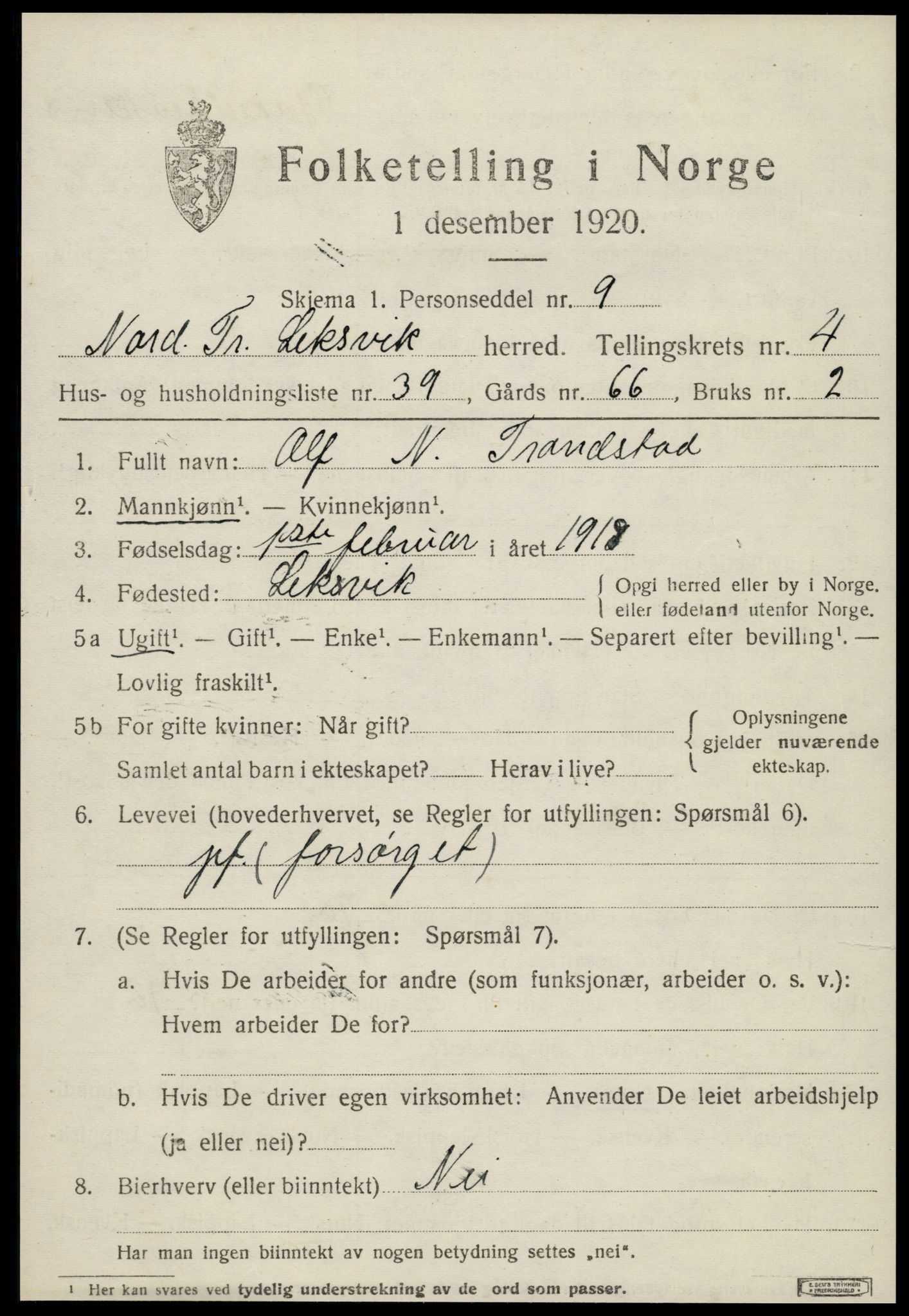 SAT, 1920 census for Leksvik, 1920, p. 4002