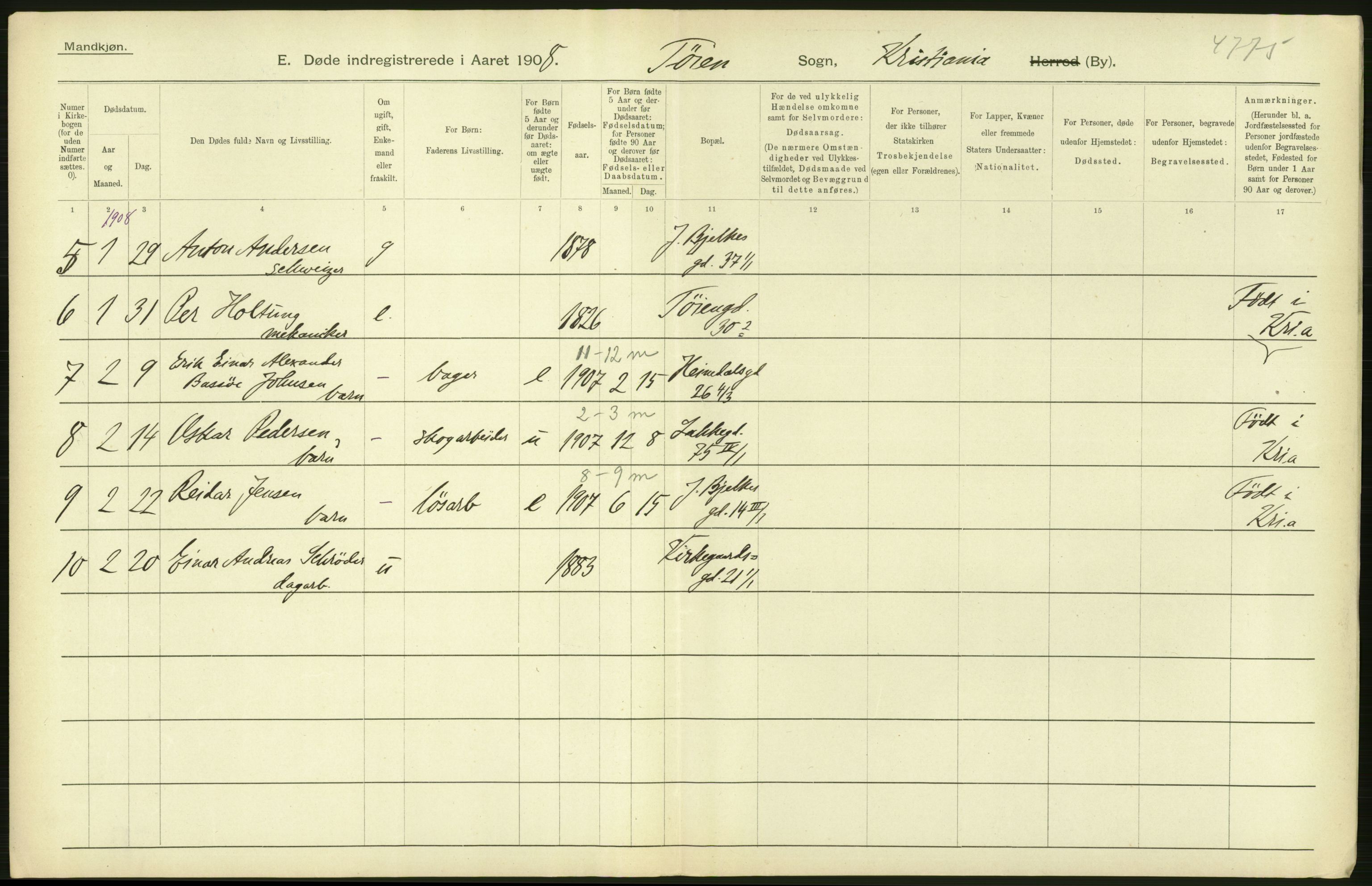 Statistisk sentralbyrå, Sosiodemografiske emner, Befolkning, AV/RA-S-2228/D/Df/Dfa/Dfaf/L0009: Kristiania: Døde, dødfødte., 1908, p. 50