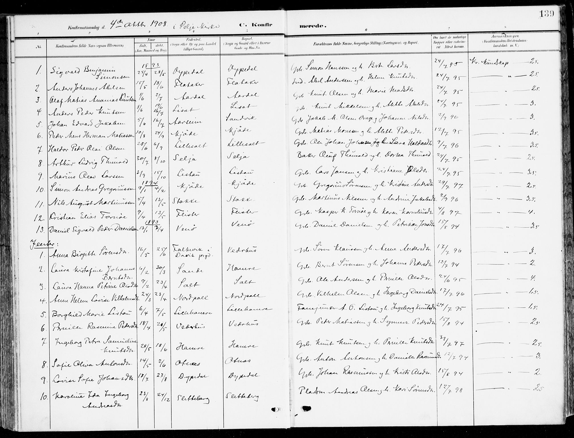 Selje sokneprestembete, SAB/A-99938/H/Ha/Haa/Haab: Parish register (official) no. B 3, 1908-1923, p. 139