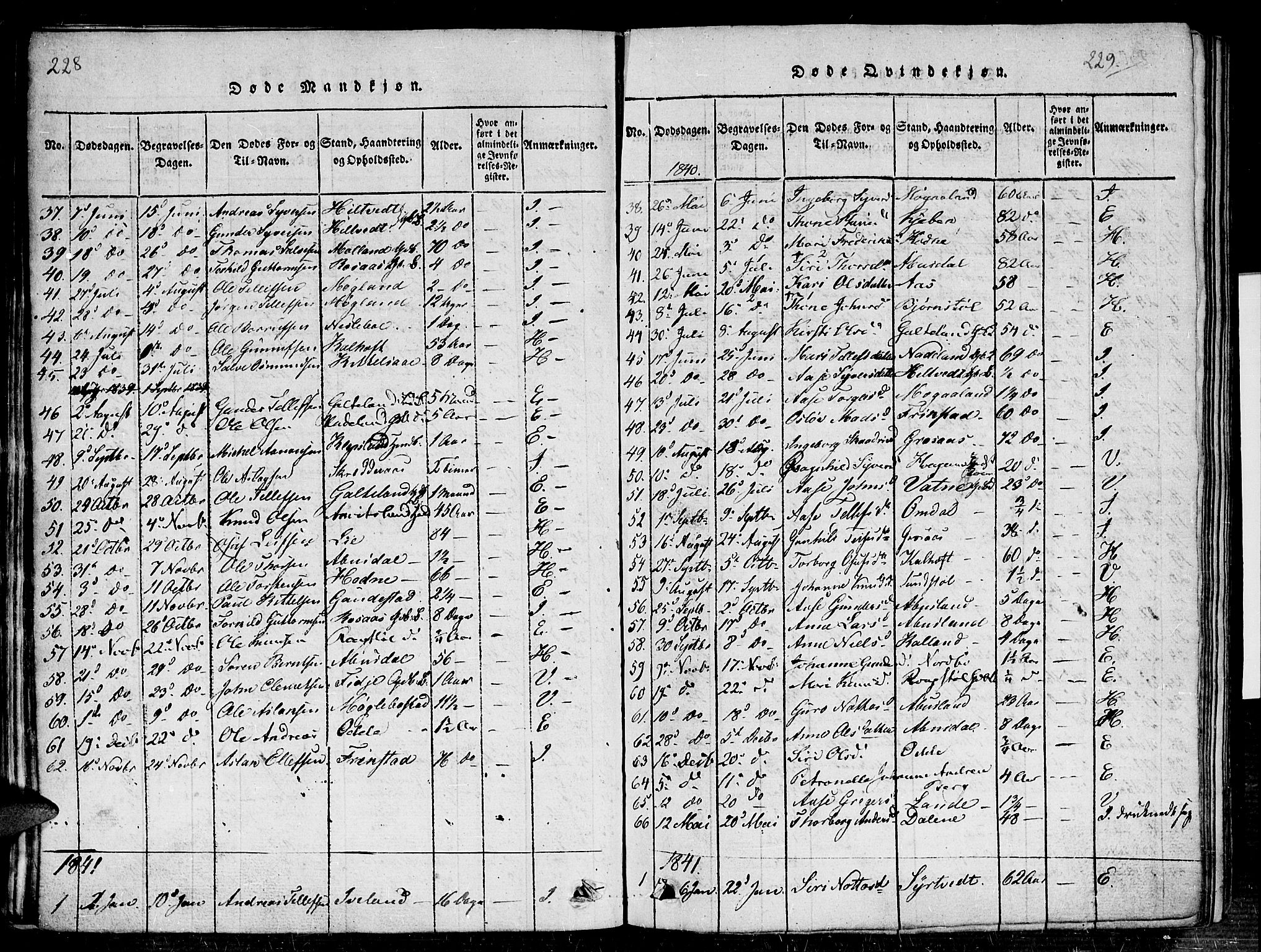 Evje sokneprestkontor, AV/SAK-1111-0008/F/Fb/Fba/L0001: Parish register (copy) no. B 1, 1816-1842, p. 228-229