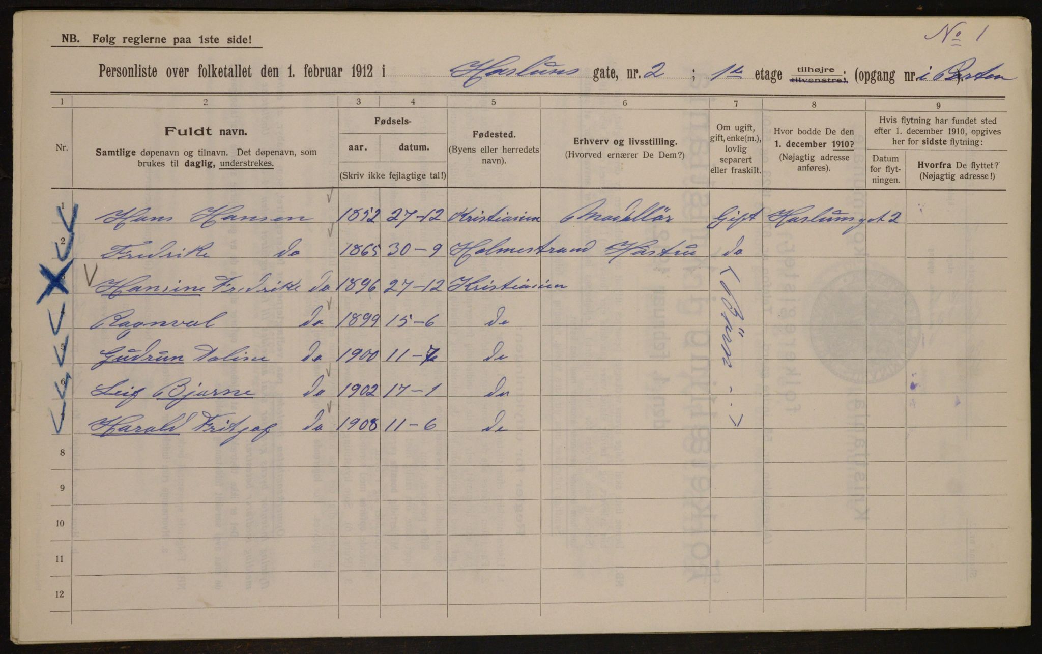 OBA, Municipal Census 1912 for Kristiania, 1912, p. 35252