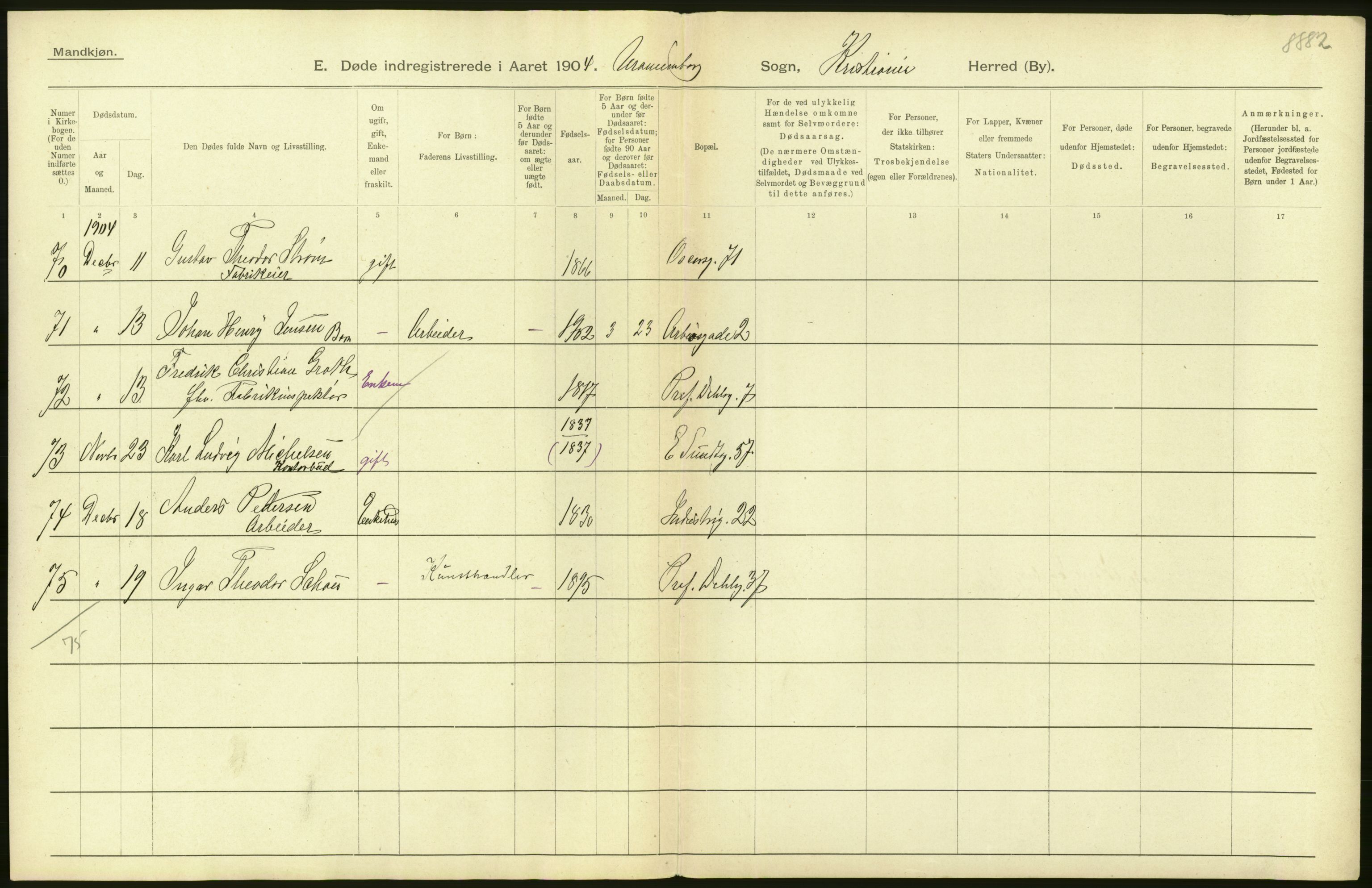 Statistisk sentralbyrå, Sosiodemografiske emner, Befolkning, AV/RA-S-2228/D/Df/Dfa/Dfab/L0004: Kristiania: Gifte, døde, 1904, p. 282
