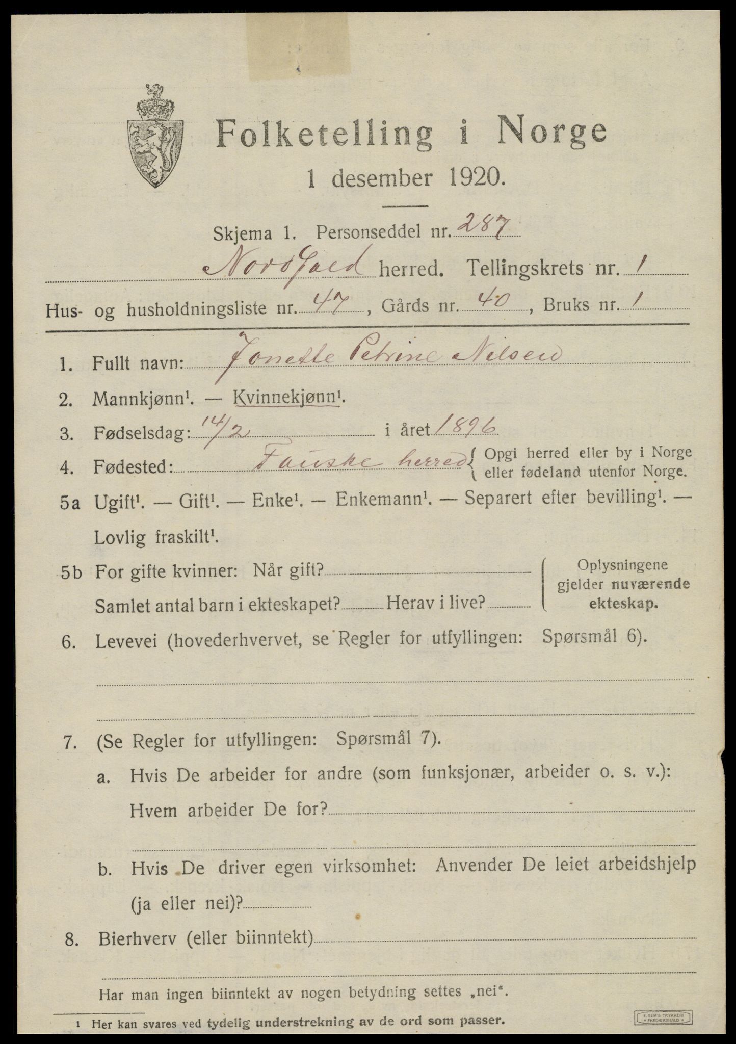 SAT, 1920 census for Nordfold, 1920, p. 1085