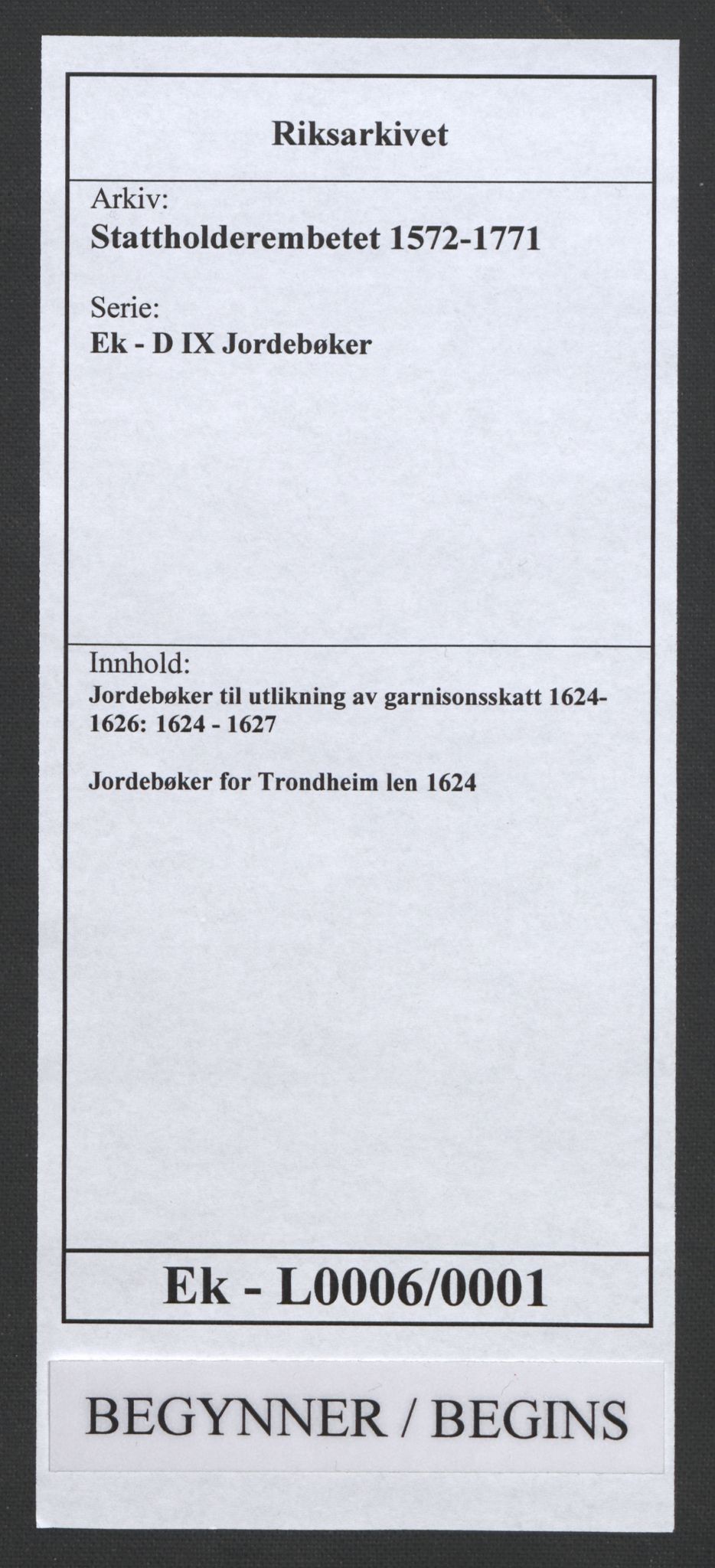 Stattholderembetet 1572-1771, RA/EA-2870/Ek/L0006/0001: Jordebøker til utlikning av garnisonsskatt 1624-1626: / Jordebøker for Trondheim len, 1624, p. 1